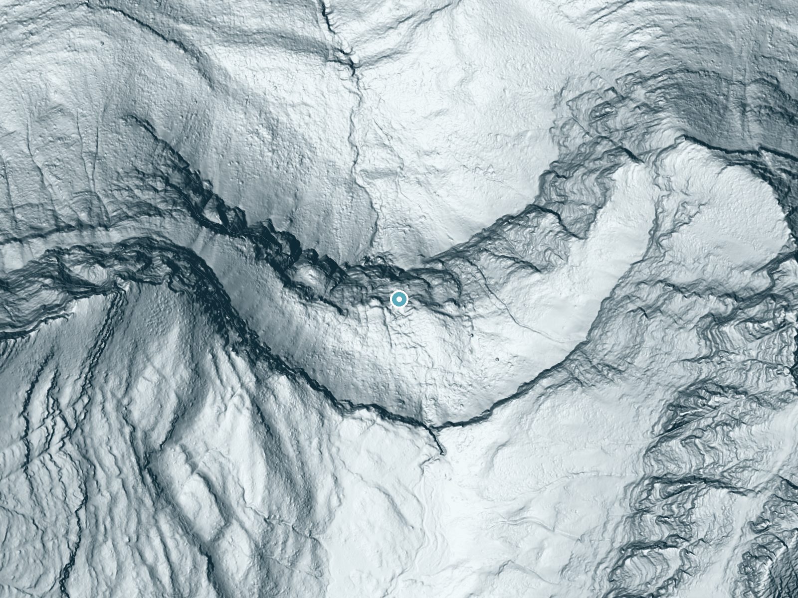 LiDAR bare-earth terrain around Bird Woman Falls near Saint Mary, Montana, showing about 615 feet of drop, a single sheer drop, facing north