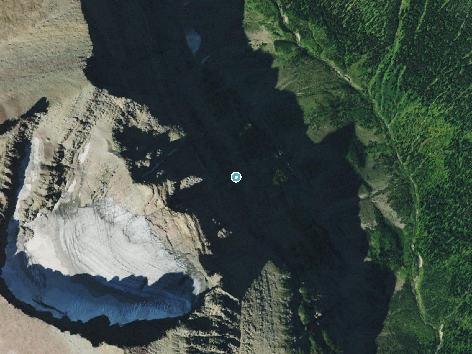 Aerial photo of the same ground around Piegan Falls near Saint Mary, Montana, for comparison with the lidar view