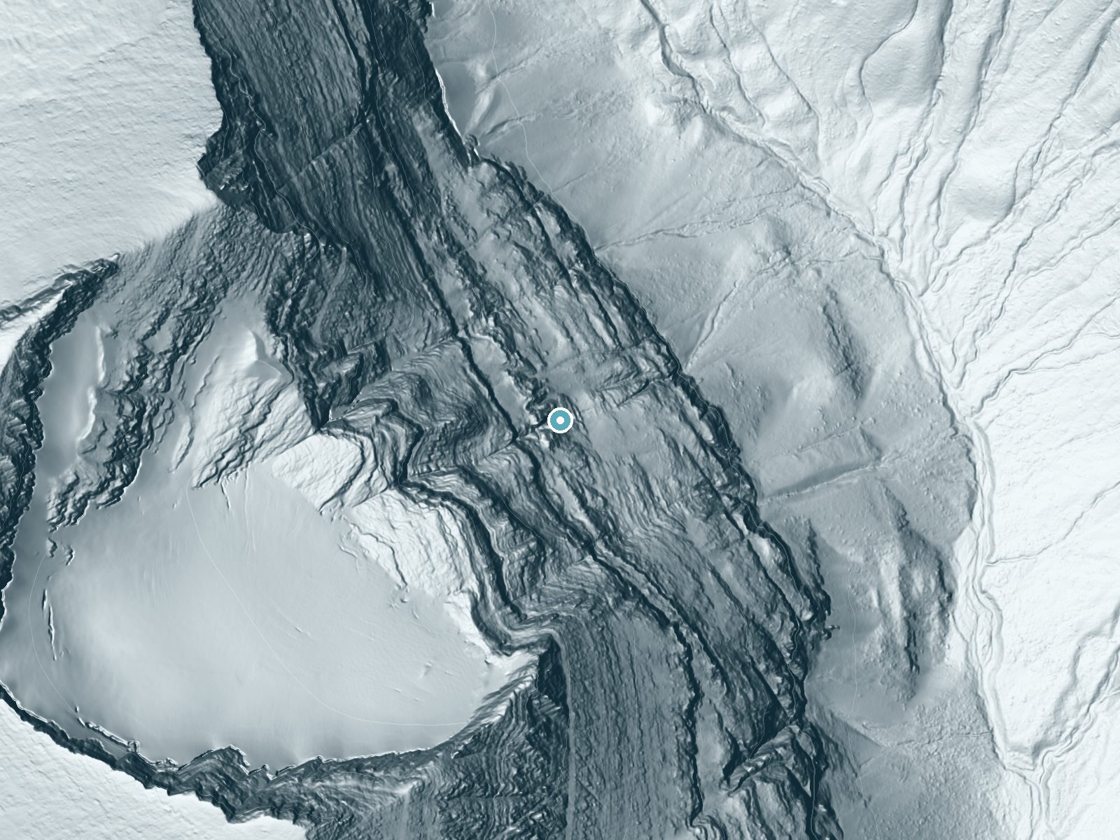 LiDAR bare-earth terrain around Piegan Falls near Saint Mary, Montana, showing about 469 feet of drop, a single sheer drop, facing northeast