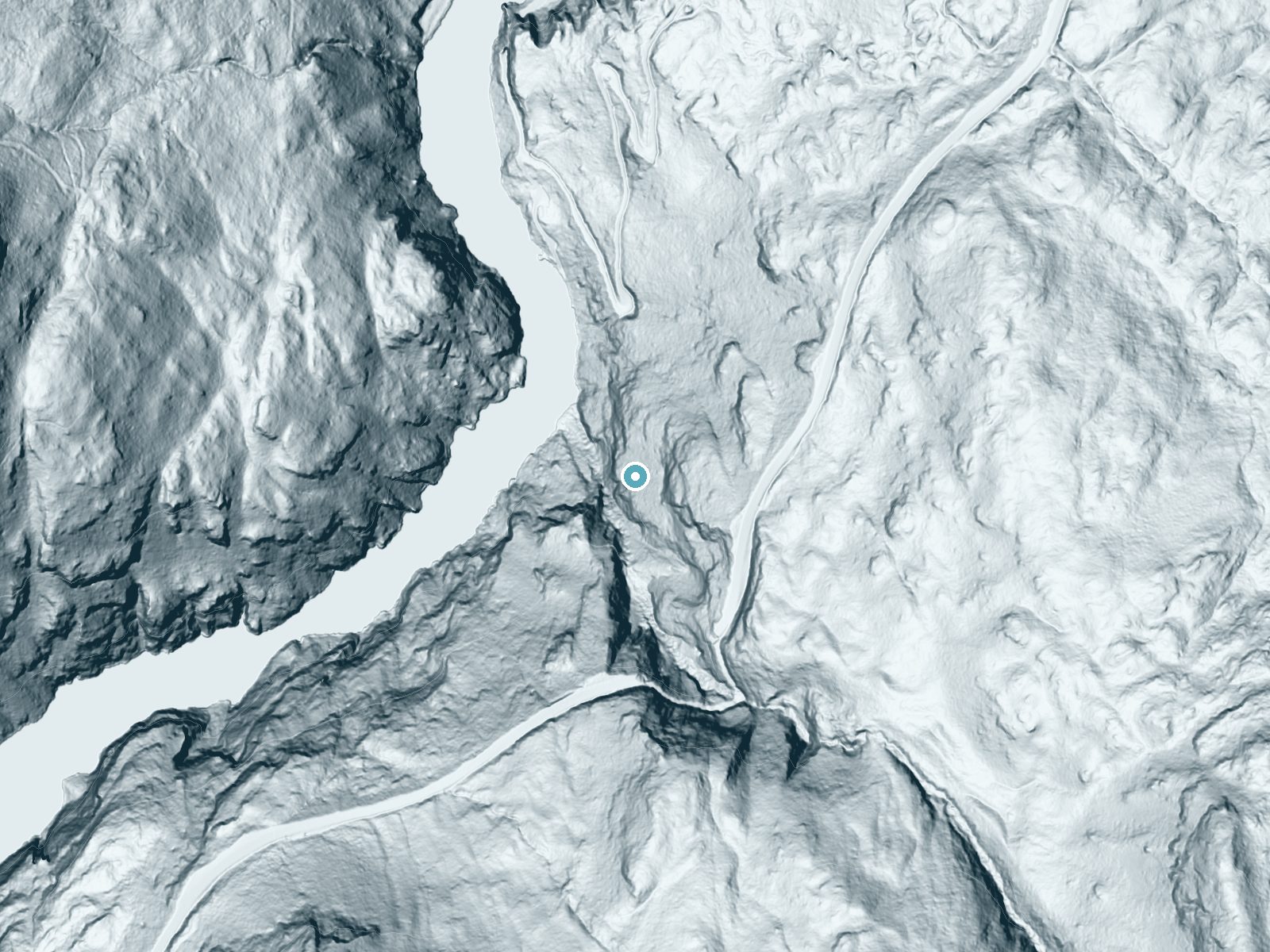 LiDAR bare-earth terrain around John Pierce Waterfall near Marblemount, Washington, showing about 589 feet of drop, a single sheer drop, facing west