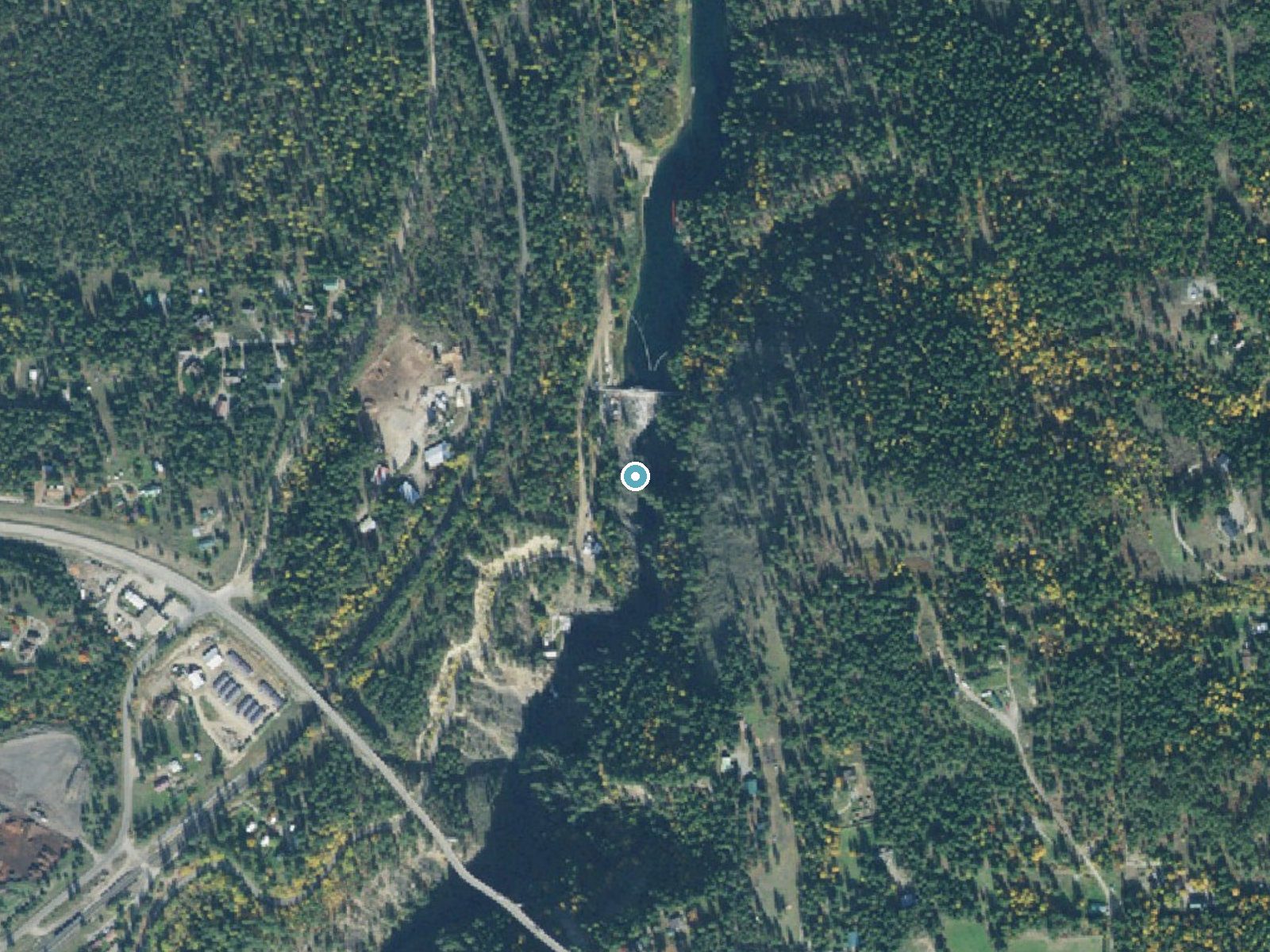 Aerial photo of the same ground around Moyie Falls near Moyie Springs, Idaho, for comparison with the lidar view