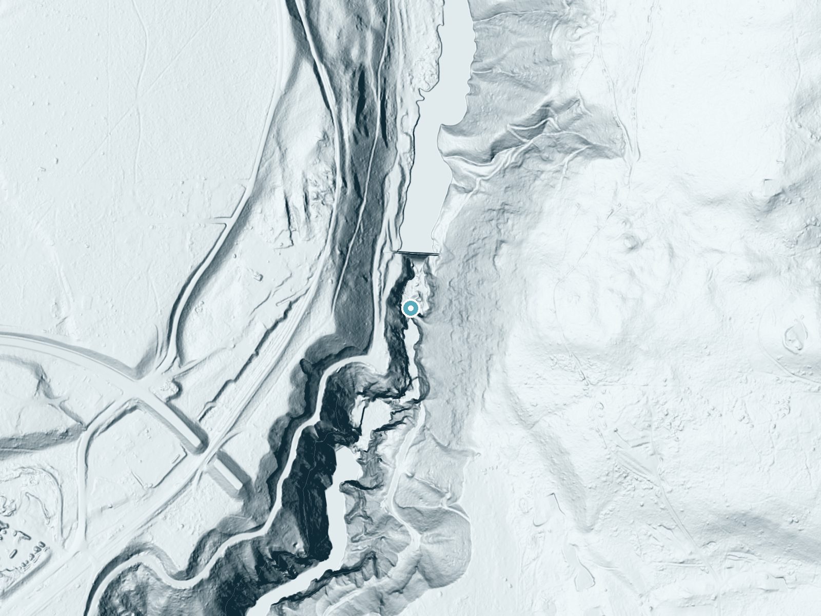 LiDAR bare-earth terrain around Moyie Falls near Moyie Springs, Idaho, showing about 173 feet of drop, a steep tiered drop, facing northwest