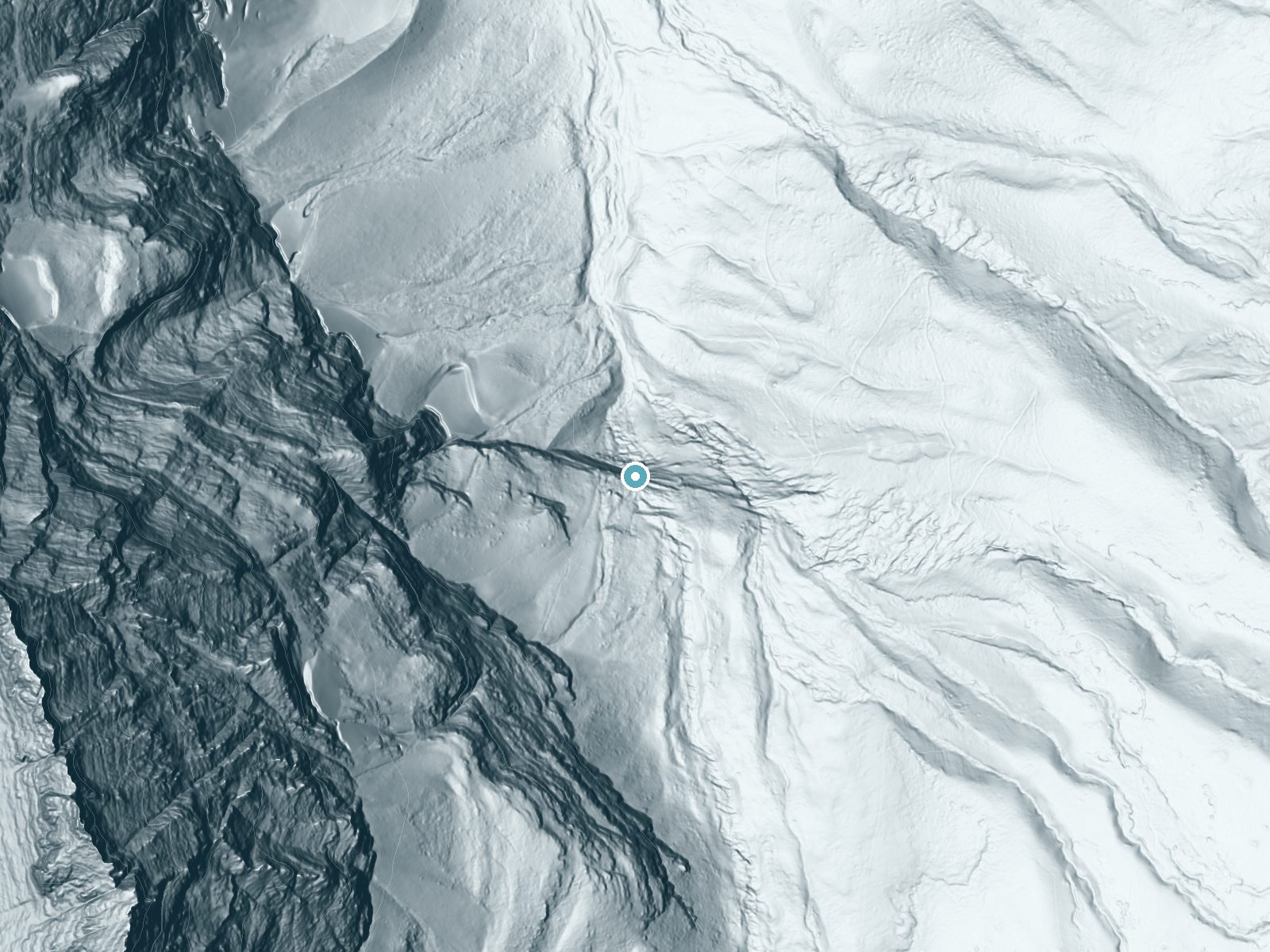 LiDAR bare-earth terrain around Morning Eagle Falls near Saint Mary, Montana, showing about 352 feet of drop, a single sheer drop, facing north