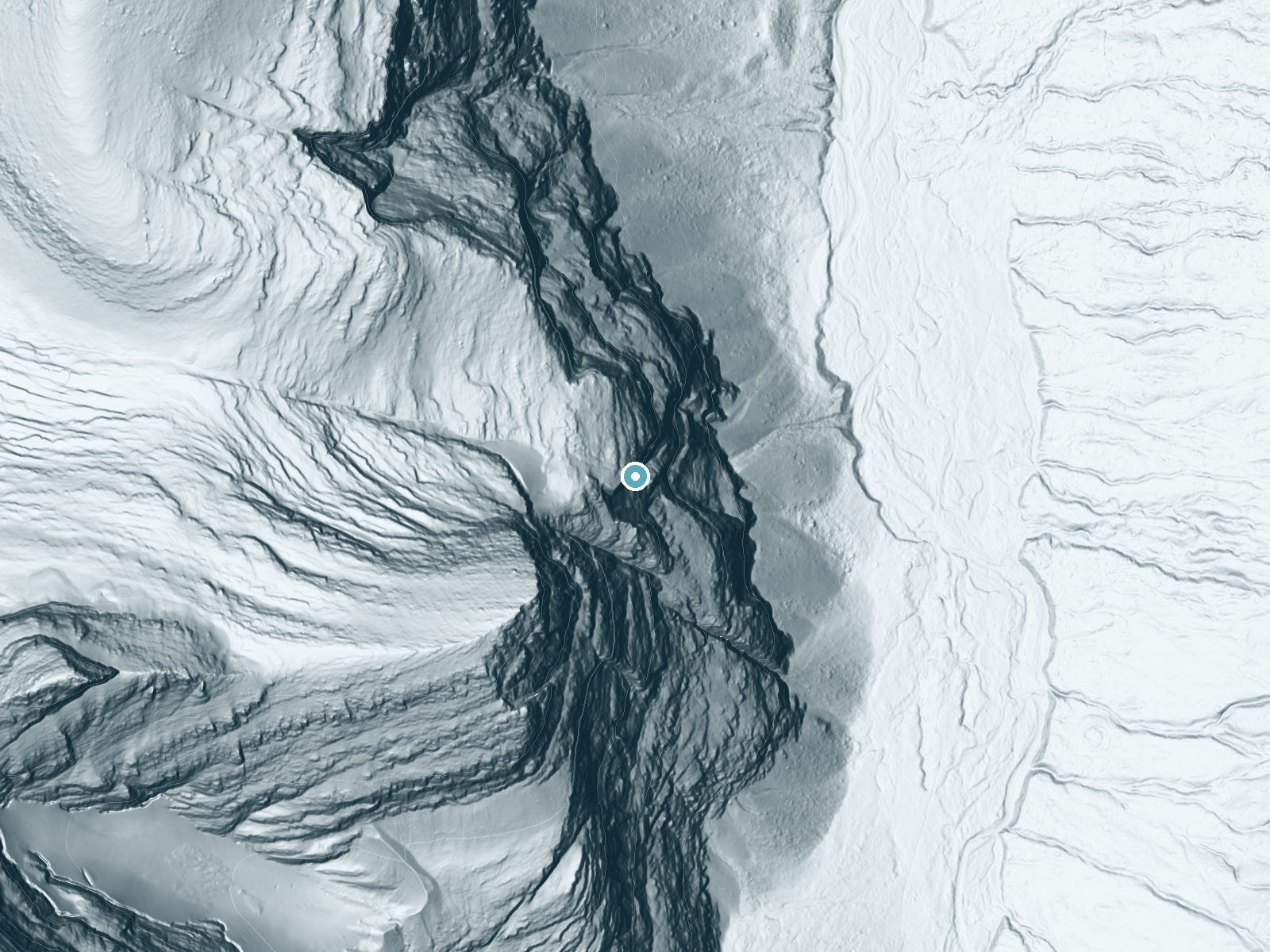 LiDAR bare-earth terrain around Feather Plume Falls near Saint Mary, Montana, showing about 896 feet of drop, a single sheer drop, facing east
