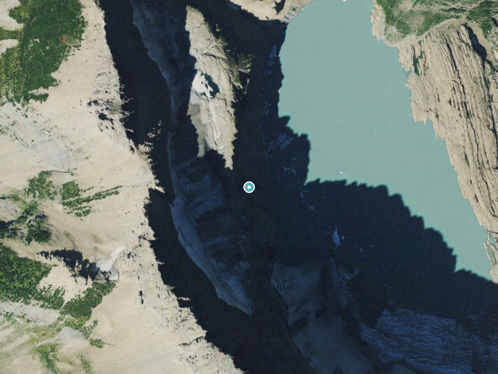 Aerial photo of the same ground around Salamander Falls near Saint Mary, Montana, for comparison with the lidar view