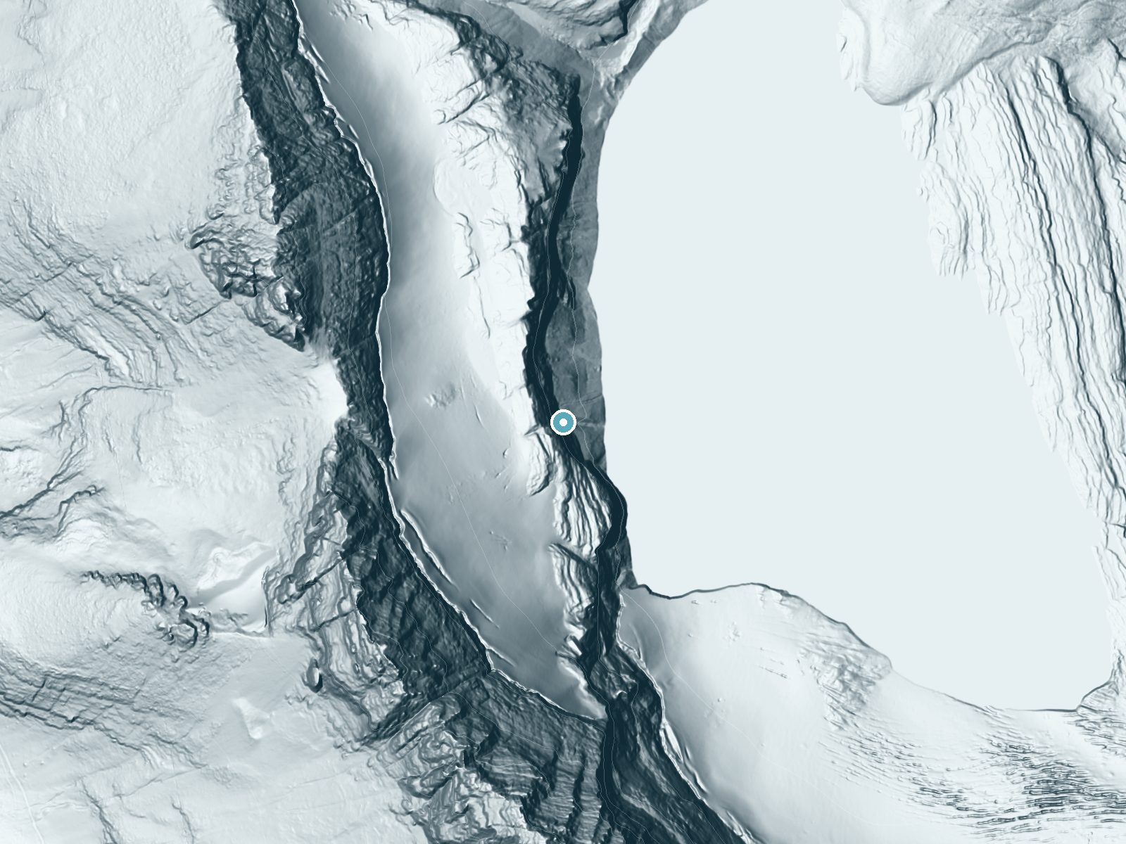 LiDAR bare-earth terrain around Salamander Falls near Saint Mary, Montana, showing about 637 feet of drop, a single sheer drop, facing east