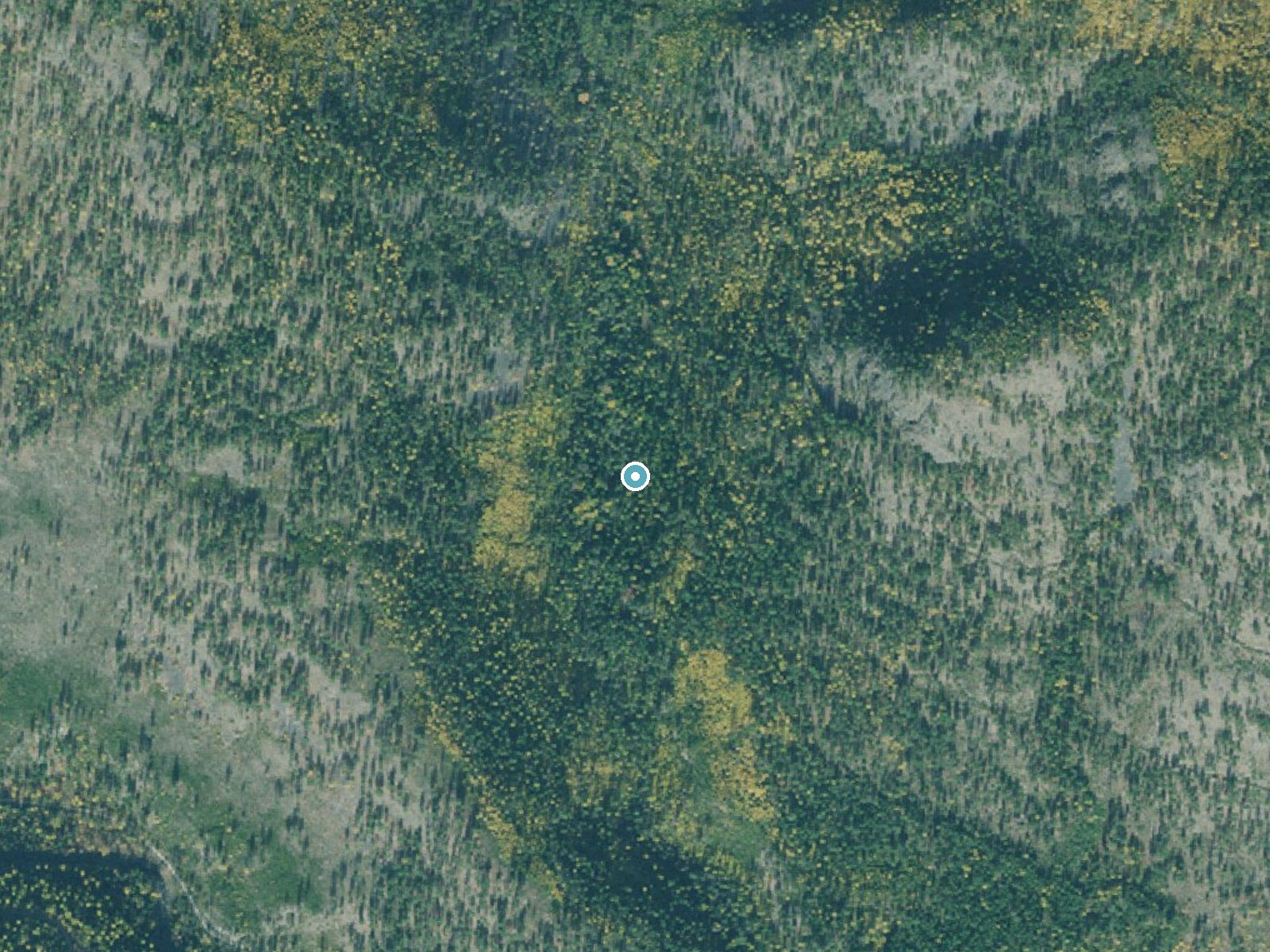 Aerial photo of the same ground around Little North Fork Falls near Rexford, Montana, for comparison with the lidar view