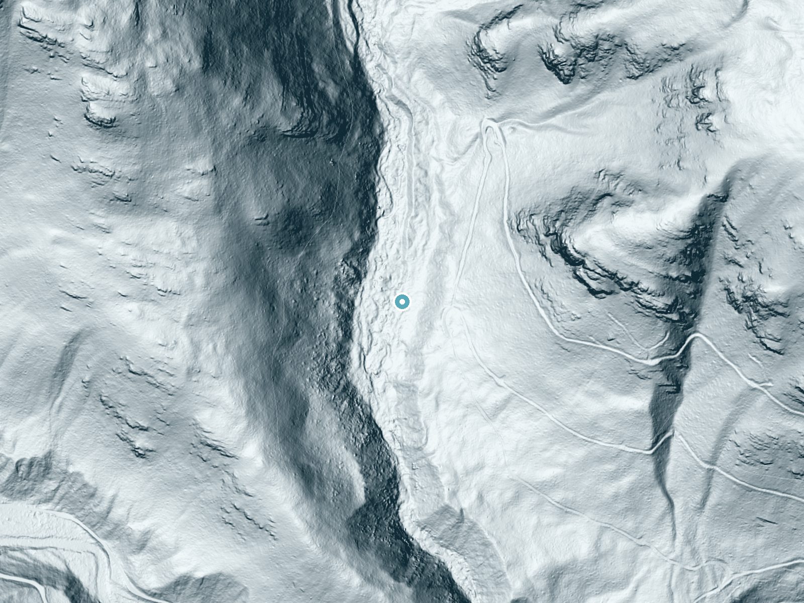 LiDAR bare-earth terrain around Little North Fork Falls near Rexford, Montana, showing about 119 feet of drop, a steep tiered drop, facing west