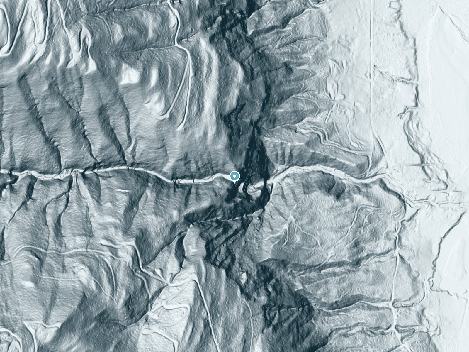 LiDAR bare-earth terrain around Hard Scrabble Falls near Acme, Washington, showing about 483 feet of drop, a single sheer drop, facing southeast