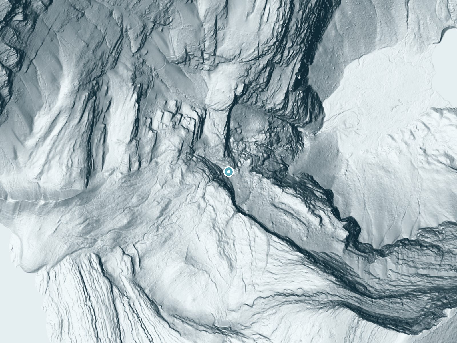 LiDAR bare-earth terrain around Grinnell Falls near Saint Mary, Montana, showing about 448 feet of drop, a single sheer drop, facing northeast