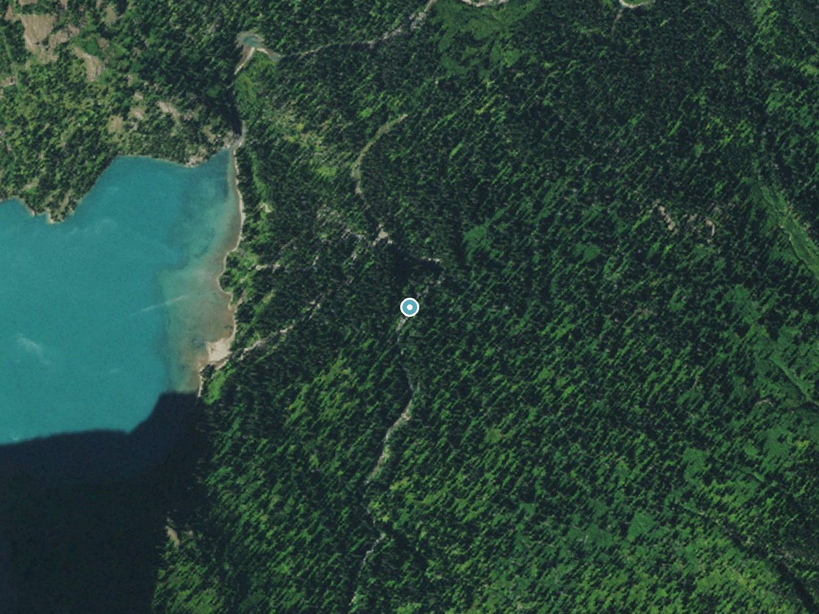 Aerial photo of the same ground around Hidden Falls near Saint Mary, Montana, for comparison with the lidar view