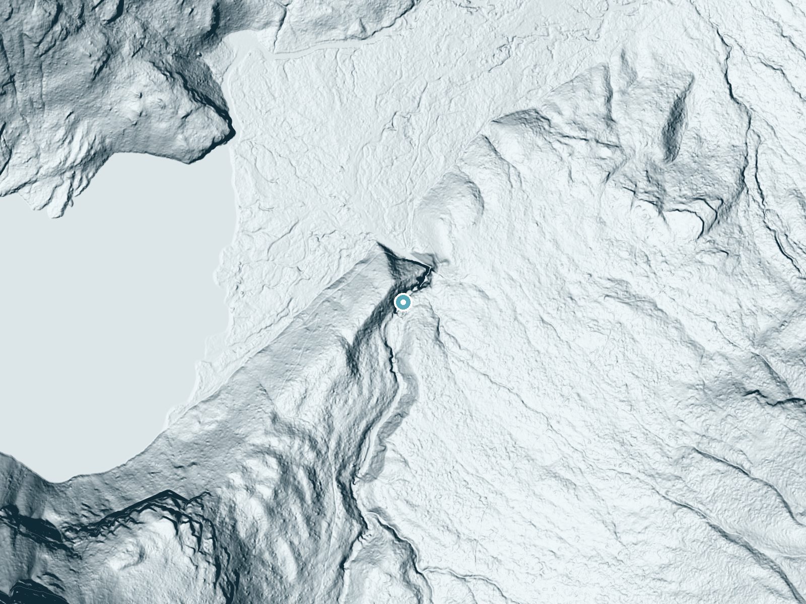 LiDAR bare-earth terrain around Hidden Falls near Saint Mary, Montana, showing about 120 feet of drop, a long cascade, facing northeast
