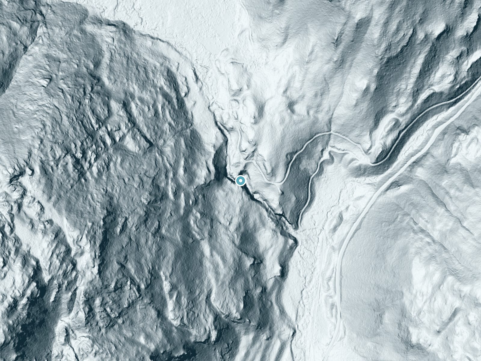 LiDAR bare-earth terrain around Granite Falls near Ione, Washington, showing about 170 feet of drop, a steep tiered drop, facing east