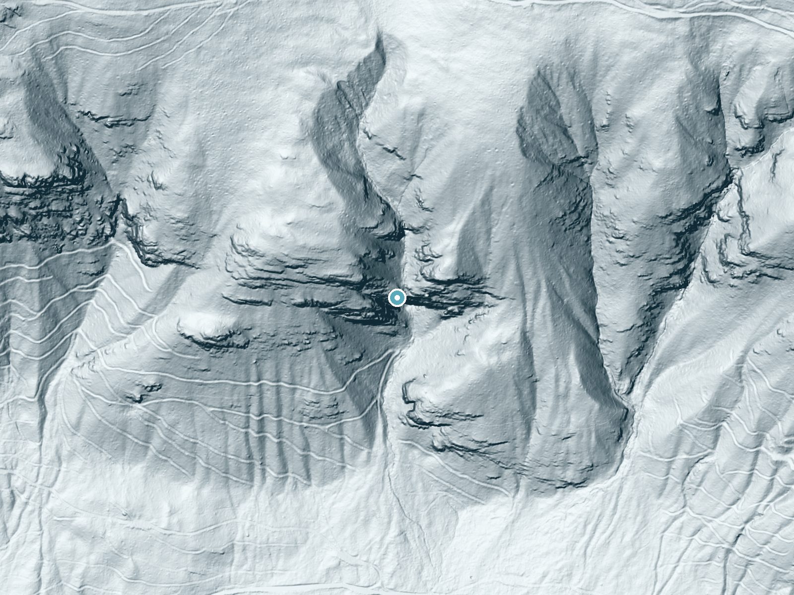 LiDAR bare-earth terrain around Sutton Creek Falls near Rexford, Montana, showing about 522 feet of drop, a single sheer drop, facing south