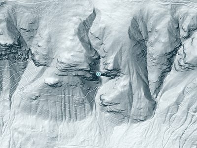 LiDAR terrain view around Sutton Creek Falls in Montana, about 522 feet of drop