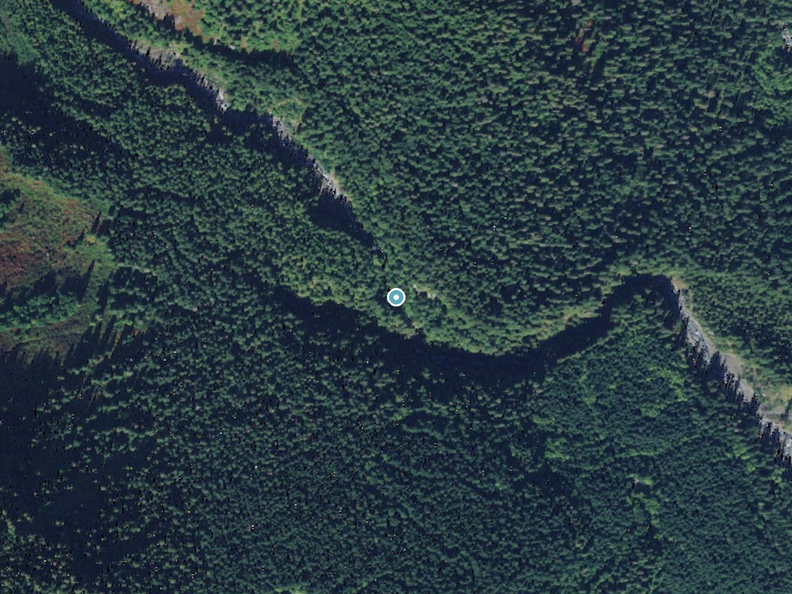 Aerial photo of the same ground around Rainbow Falls near Concrete, Washington, for comparison with the lidar view
