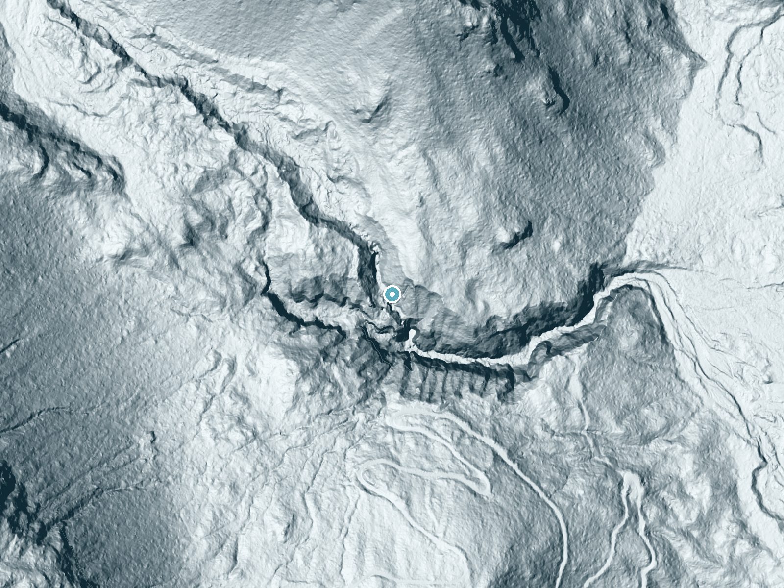 LiDAR bare-earth terrain around Rainbow Falls near Concrete, Washington, showing about 289 feet of drop, a steep tiered drop, facing south