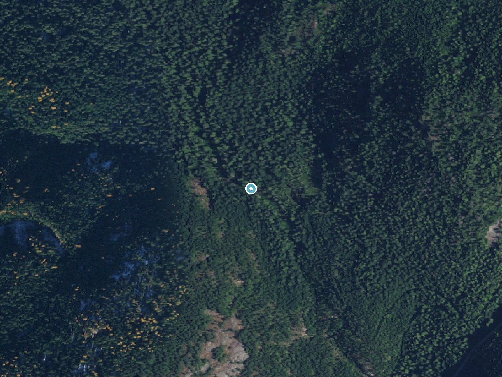 Aerial photo of the same ground around LaSota Falls near Ione, Washington, for comparison with the lidar view