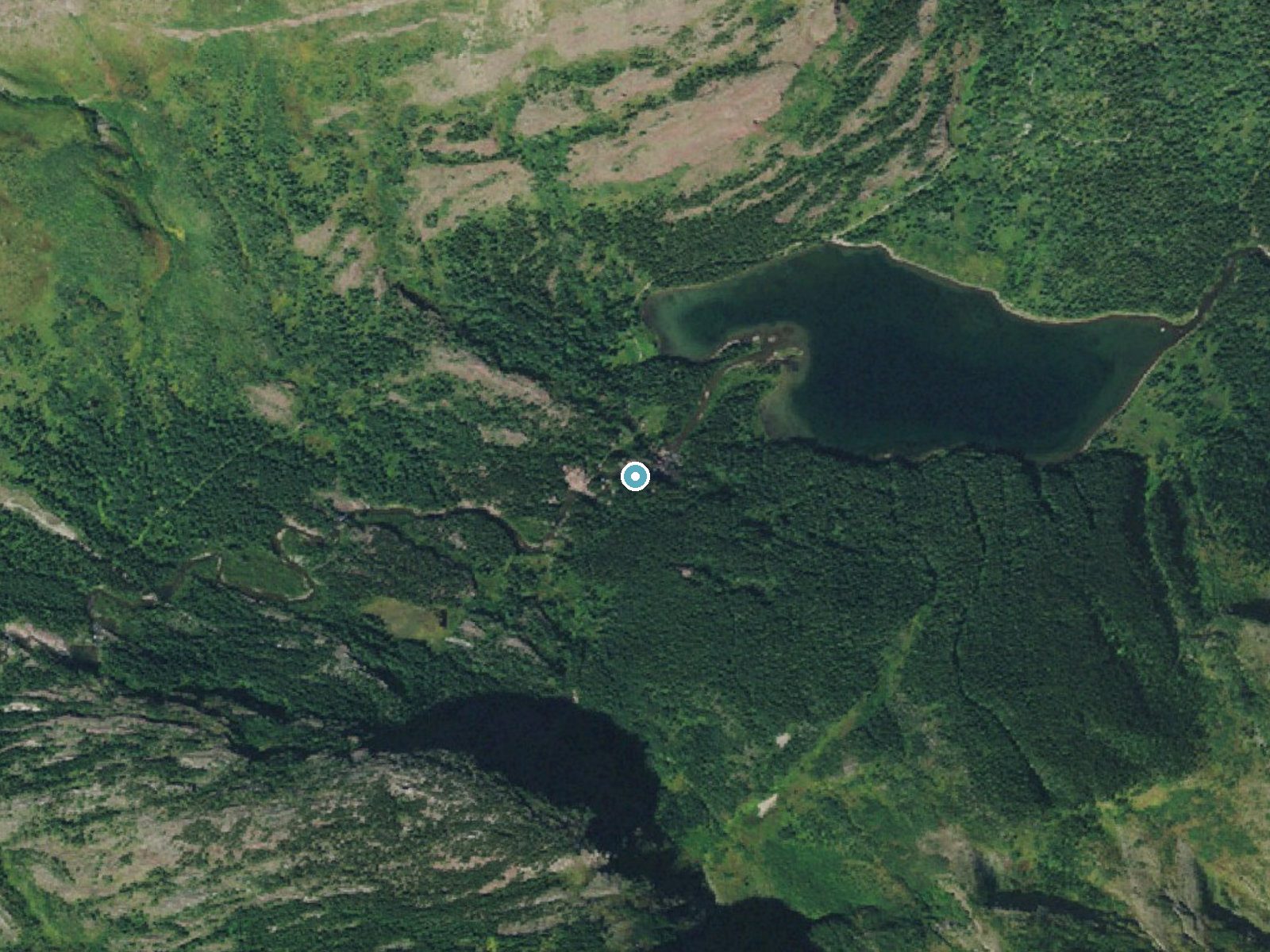 Aerial photo of the same ground around Redrock Falls near Saint Mary, Montana, for comparison with the lidar view