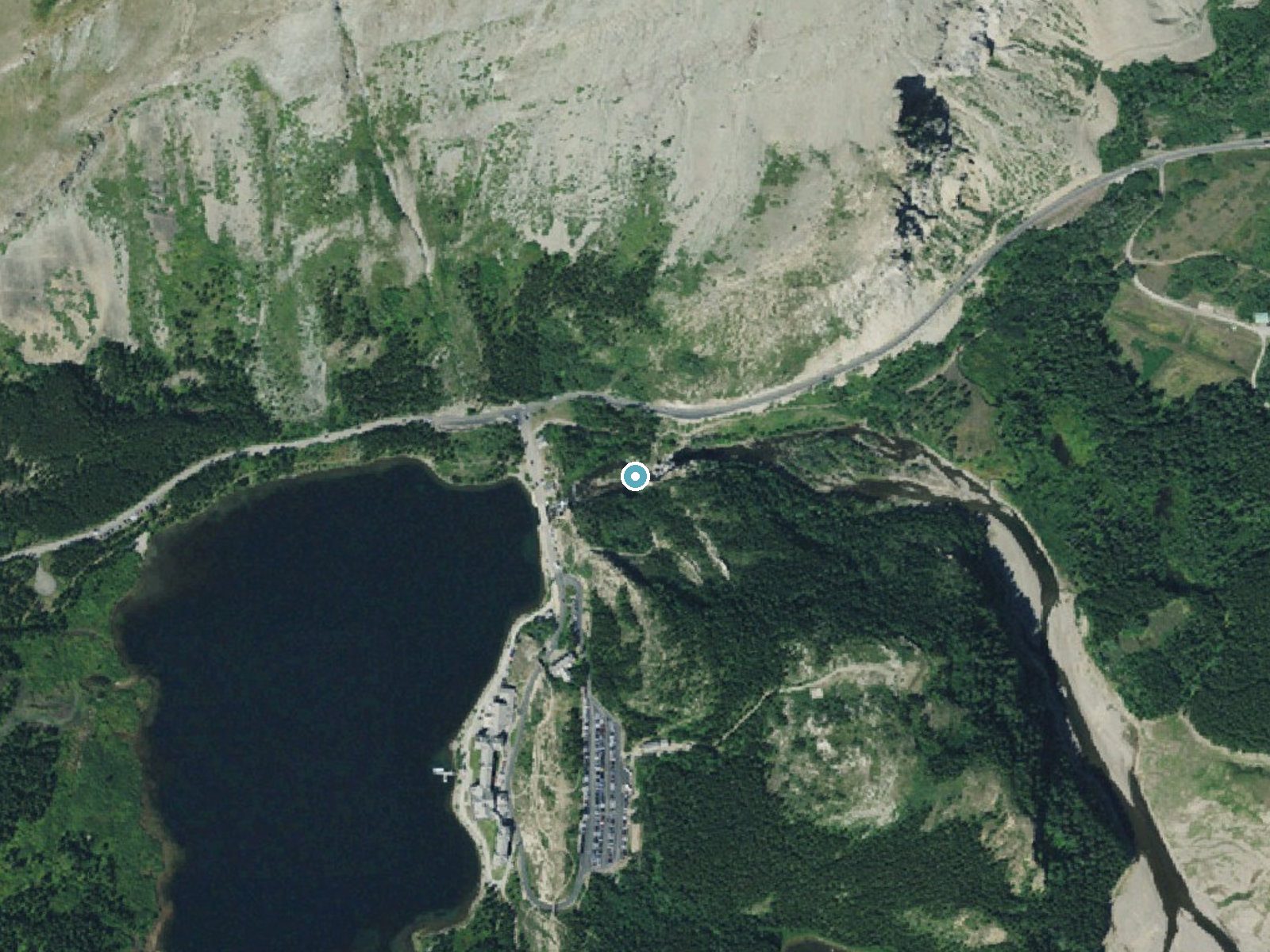Aerial photo of the same ground around Swiftcurrent Falls near Saint Mary, Montana, for comparison with the lidar view