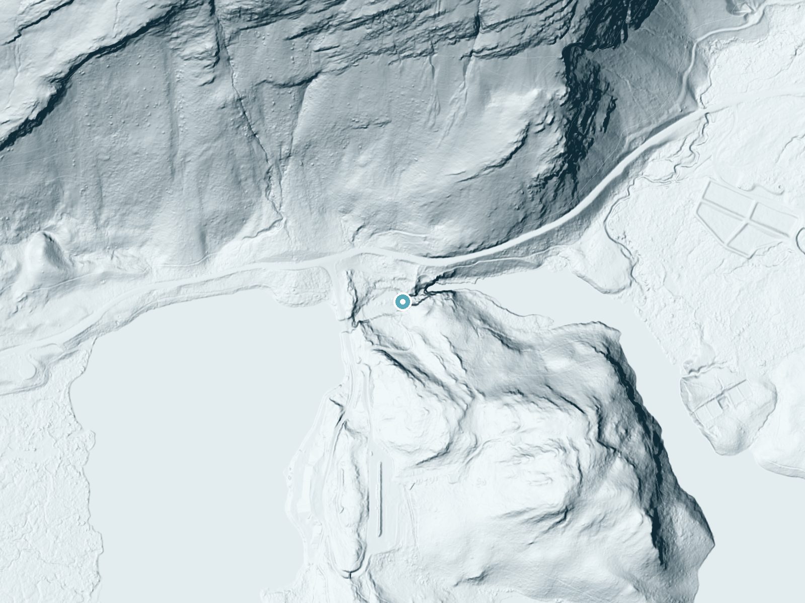 LiDAR bare-earth terrain around Swiftcurrent Falls near Saint Mary, Montana, showing about 95 feet of drop, a long cascade, facing north