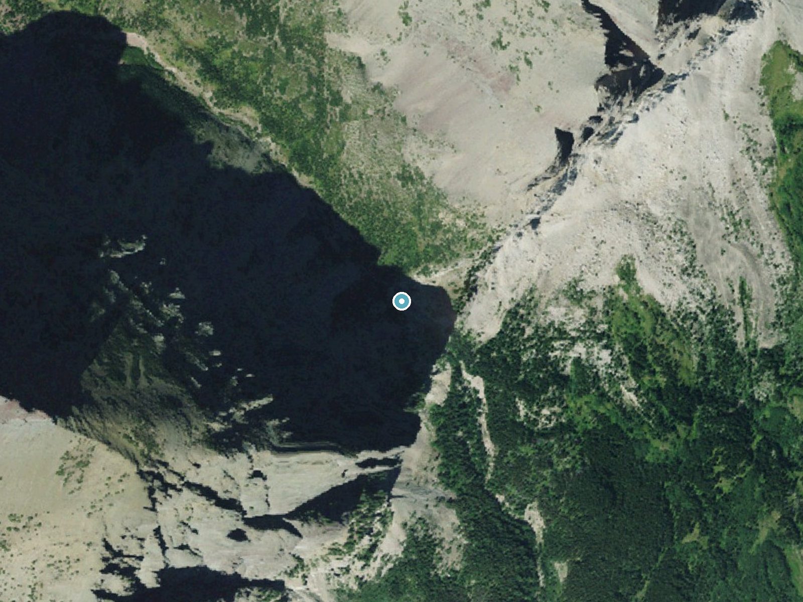Aerial photo of the same ground around Apikuni Falls near Babb, Montana, for comparison with the lidar view