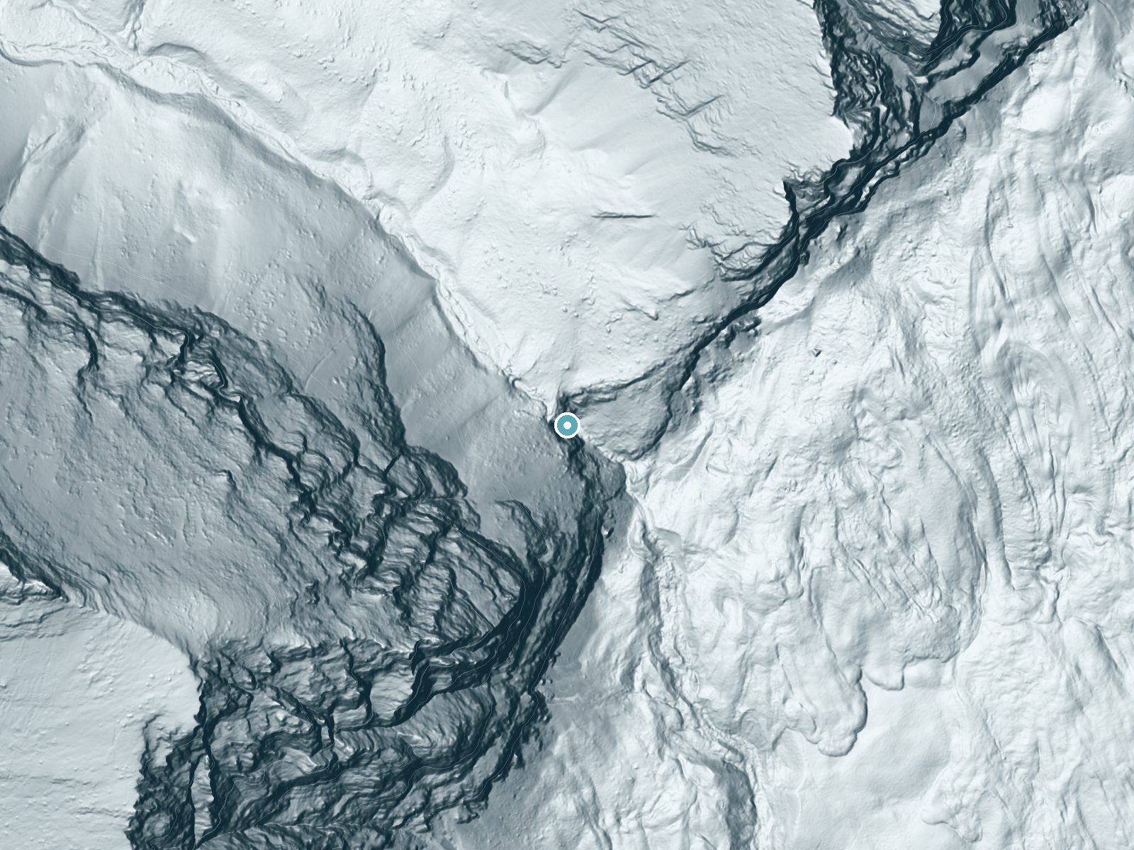 LiDAR bare-earth terrain around Apikuni Falls near Babb, Montana, showing about 306 feet of drop, a single sheer drop, facing east