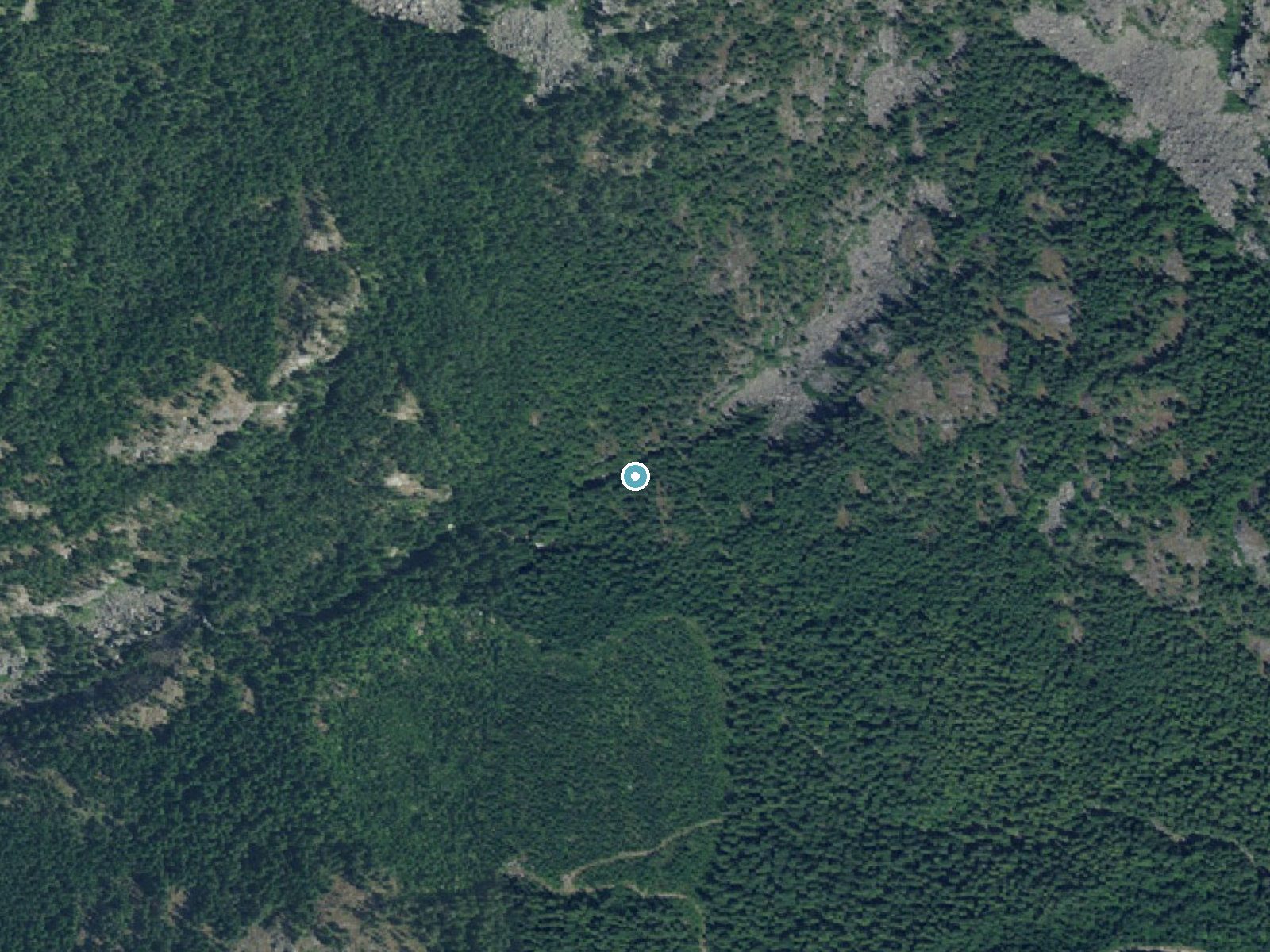 Aerial photo of the same ground around Caribou Falls near Coolin, Idaho, for comparison with the lidar view