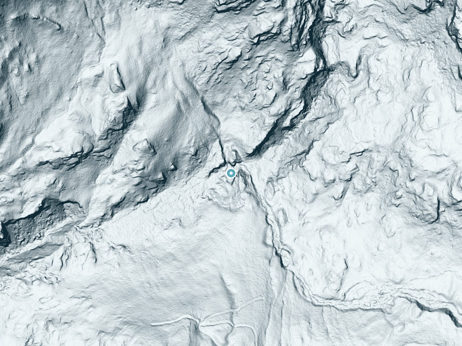 LiDAR bare-earth terrain around Caribou Falls near Coolin, Idaho, showing about 155 feet of drop, a steep tiered drop, facing west