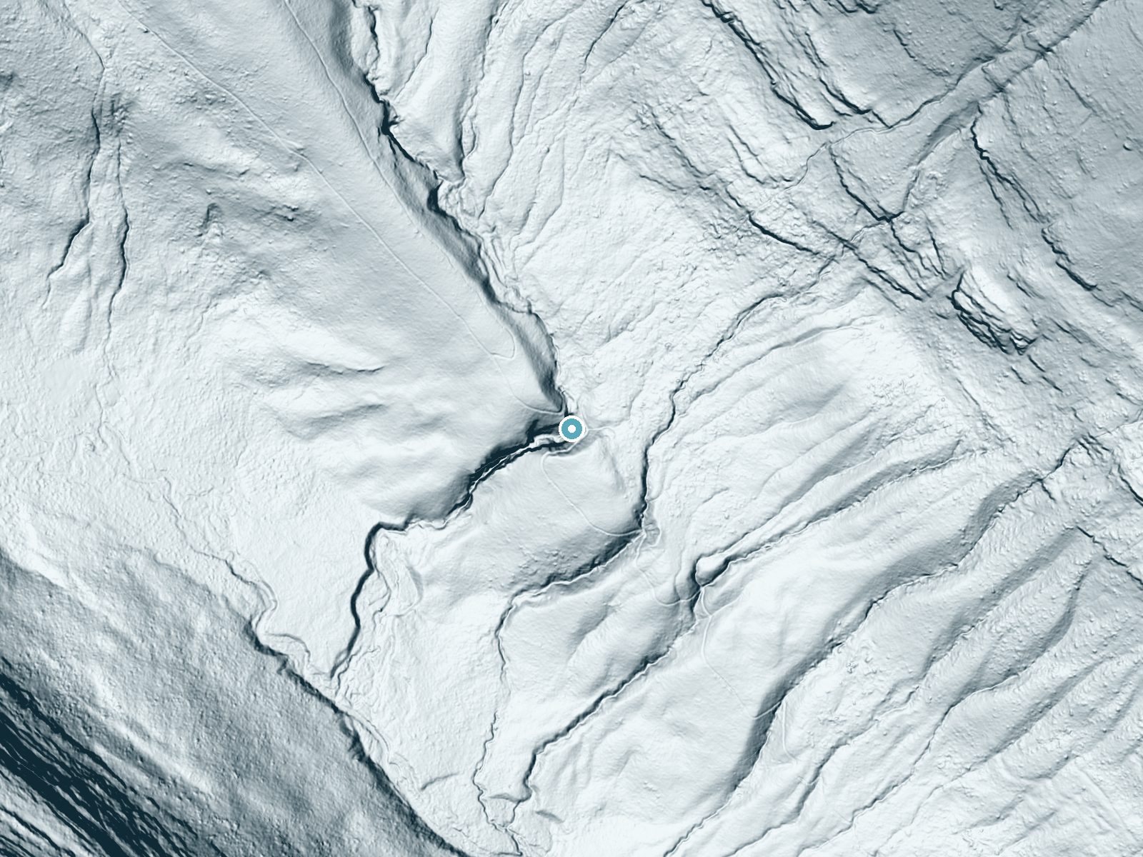 LiDAR bare-earth terrain around Ptarmigan Falls near Babb, Montana, showing about 161 feet of drop, a steep tiered drop, facing southwest