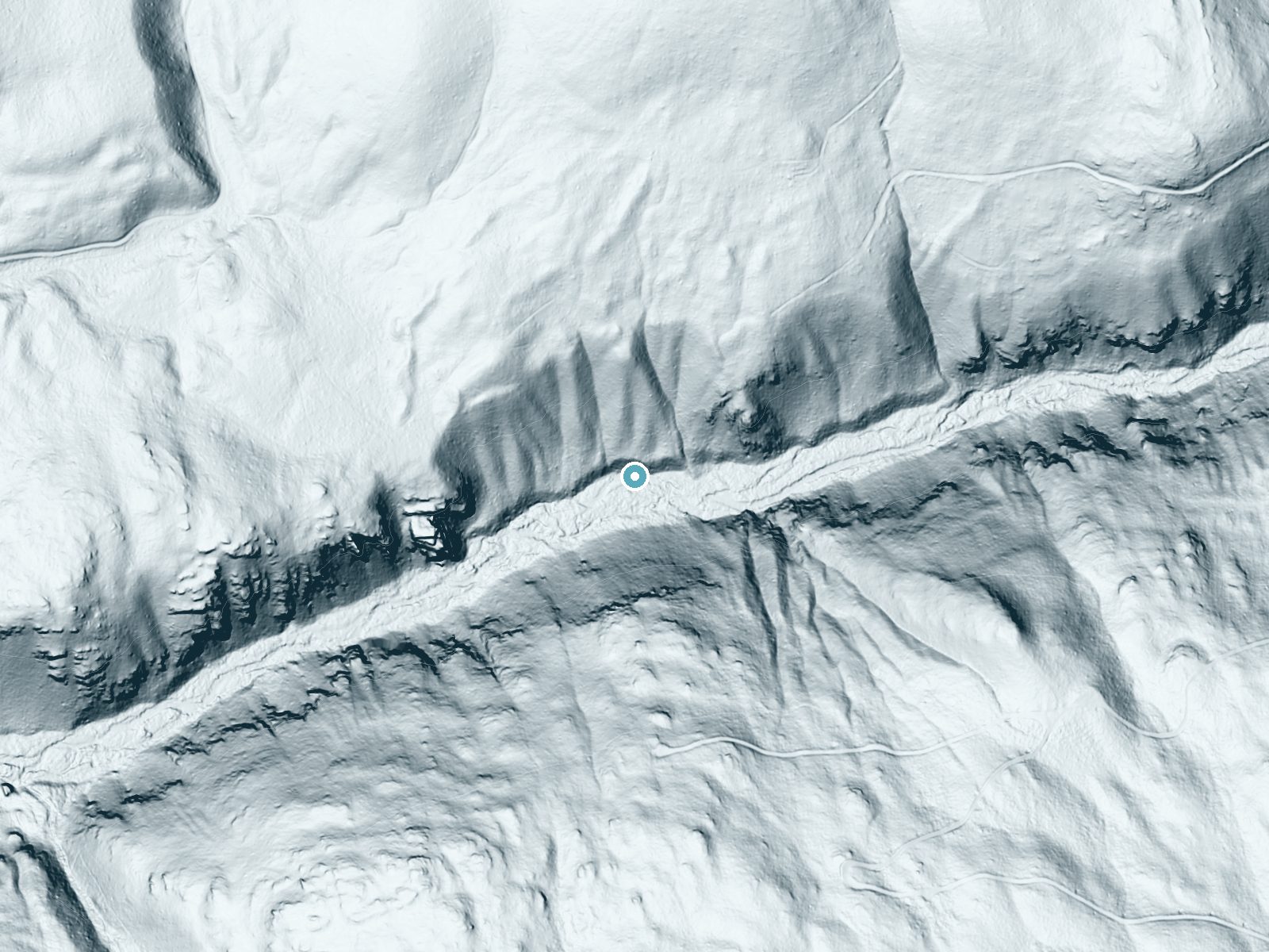 LiDAR bare-earth terrain around Pinkham Falls near Rexford, Montana, showing about 119 feet of drop, a steep tiered drop, facing south