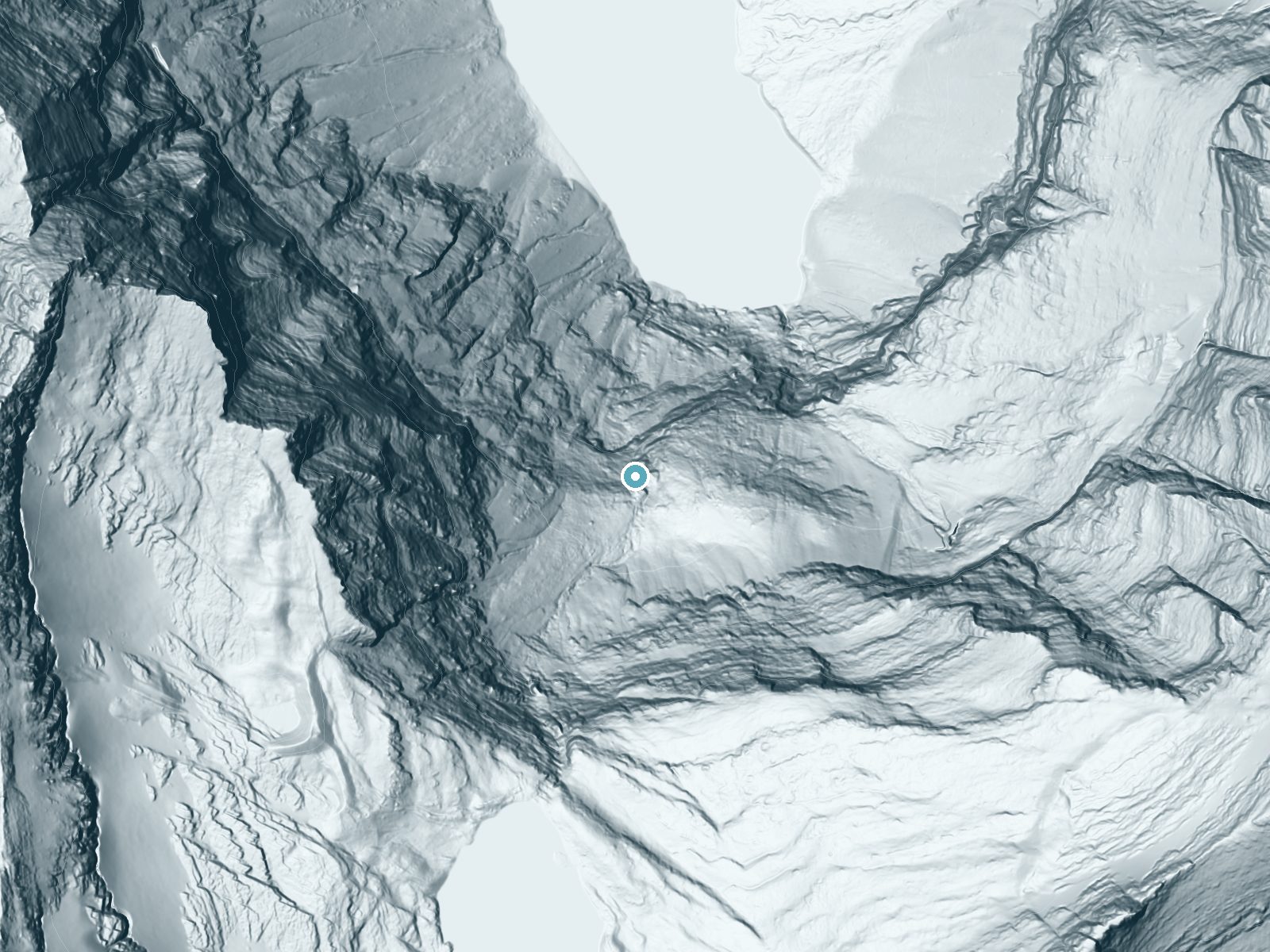 LiDAR bare-earth terrain around Ipasha Falls near Babb, Montana, showing about 427 feet of drop, a single sheer drop, facing north