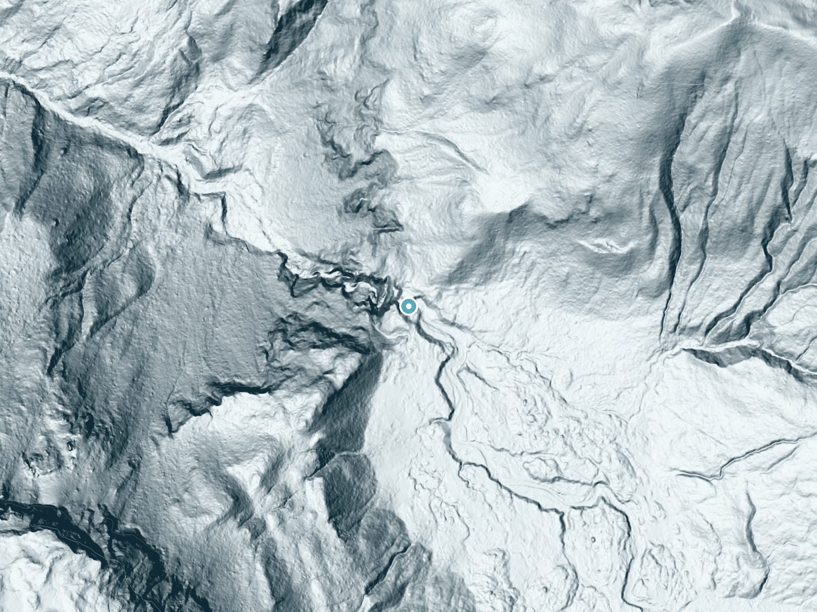 LiDAR bare-earth terrain around Mazama Falls near Glacier, Washington, showing about 355 feet of drop, a single sheer drop, facing west