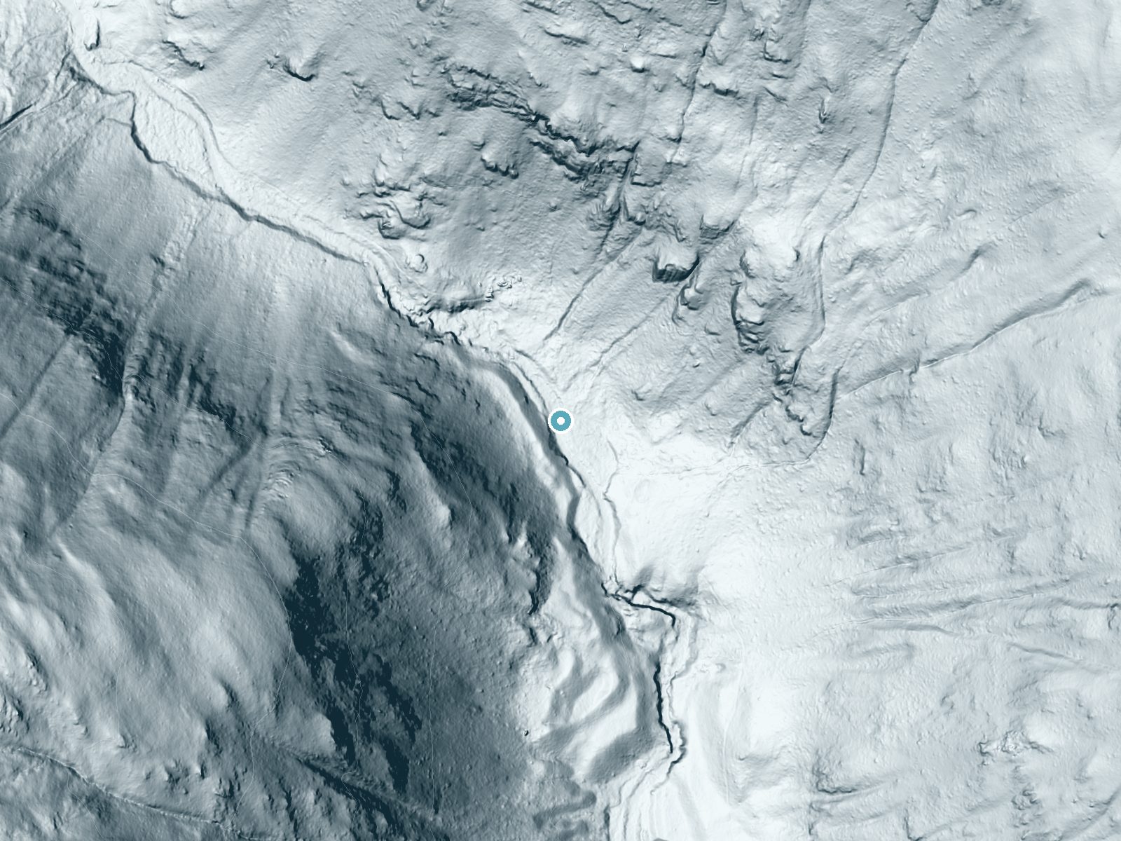 LiDAR bare-earth terrain around Chewack Falls near Loomis, Washington, showing about 82 feet of drop, a steep tiered drop, facing east