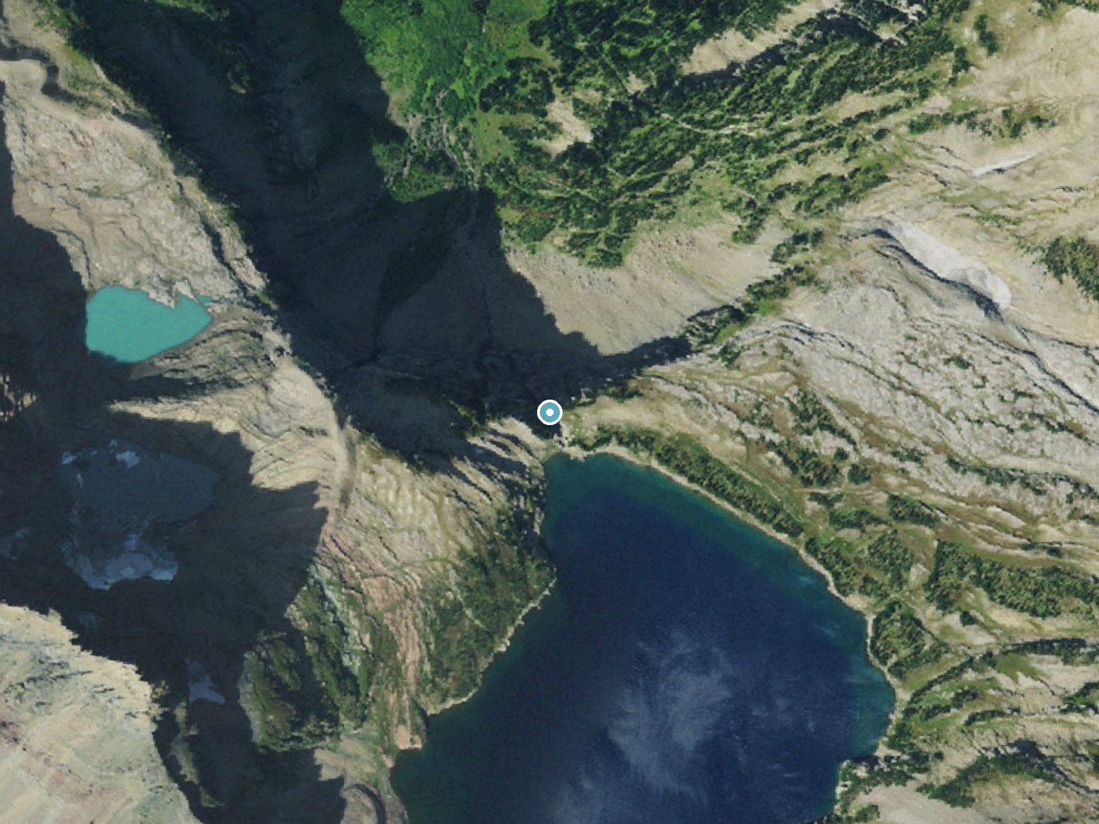 Aerial photo of the same ground around Raven Quiver Falls near Babb, Montana, for comparison with the lidar view