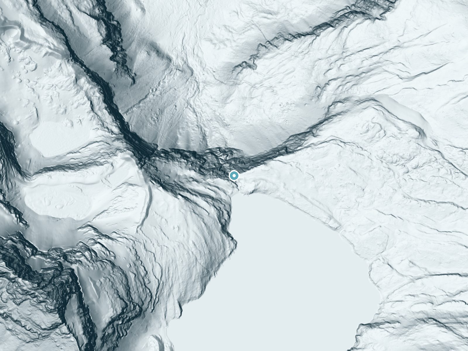 LiDAR bare-earth terrain around Raven Quiver Falls near Babb, Montana, showing about 450 feet of drop, a single sheer drop, facing north