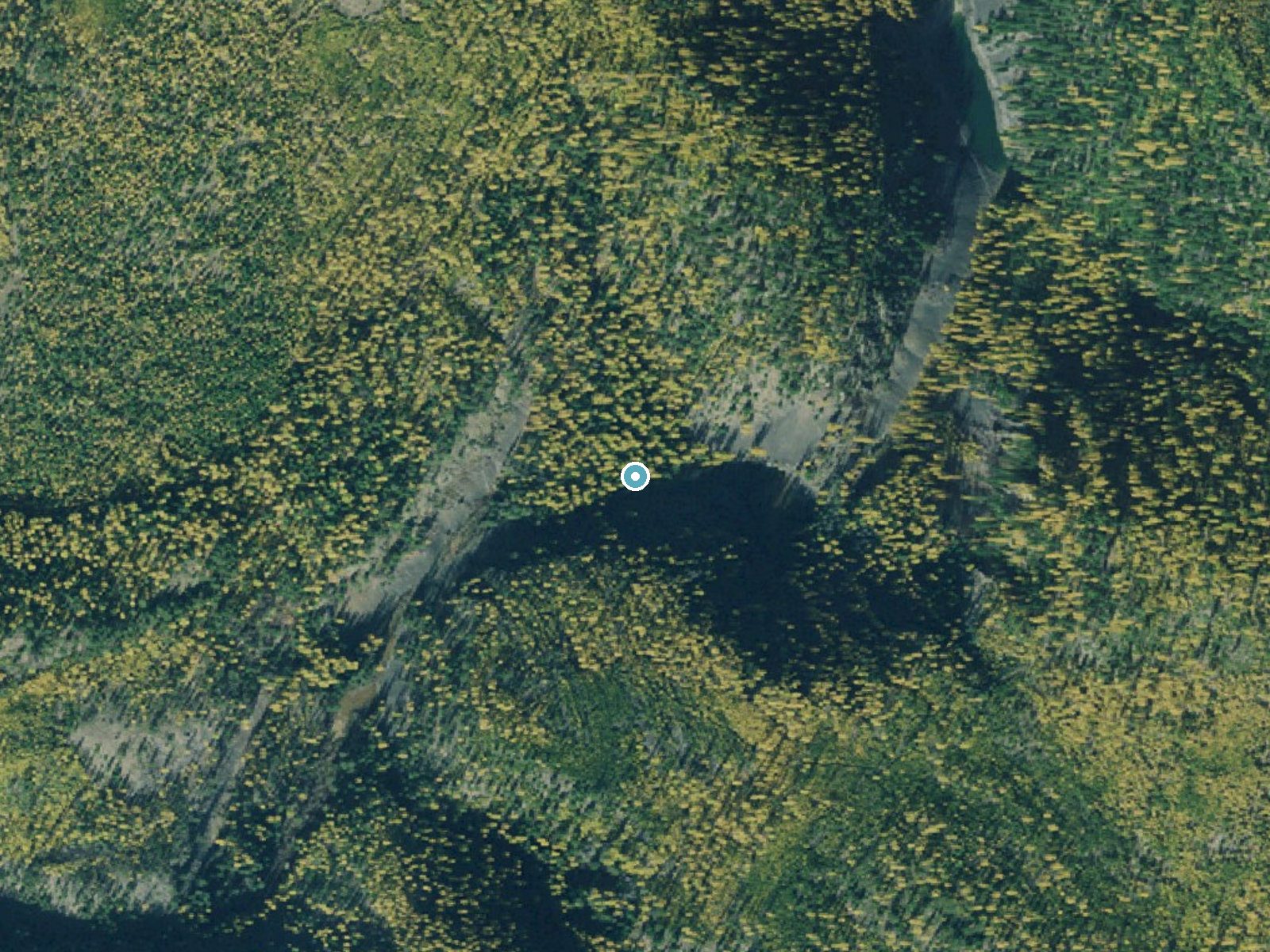 Aerial photo of the same ground around Turner Falls near Yaak, Montana, for comparison with the lidar view