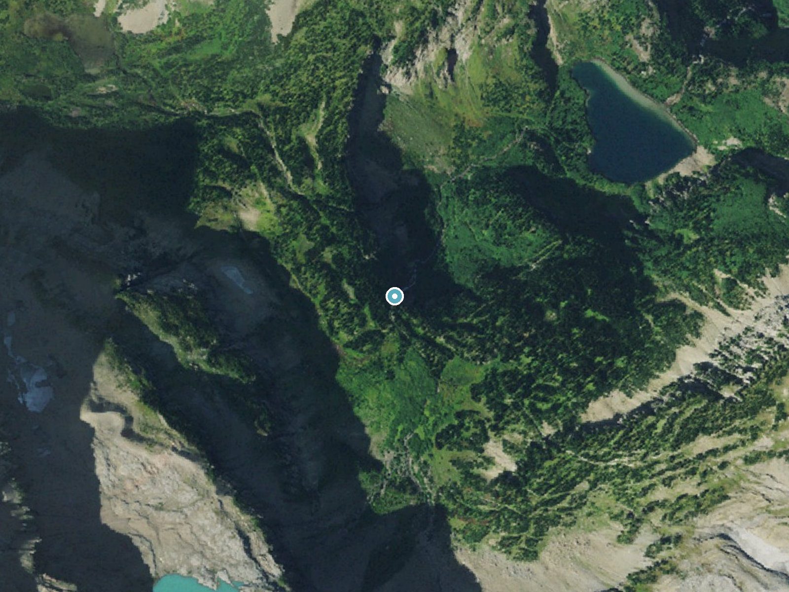 Aerial photo of the same ground around Paiota Falls near Babb, Montana, for comparison with the lidar view