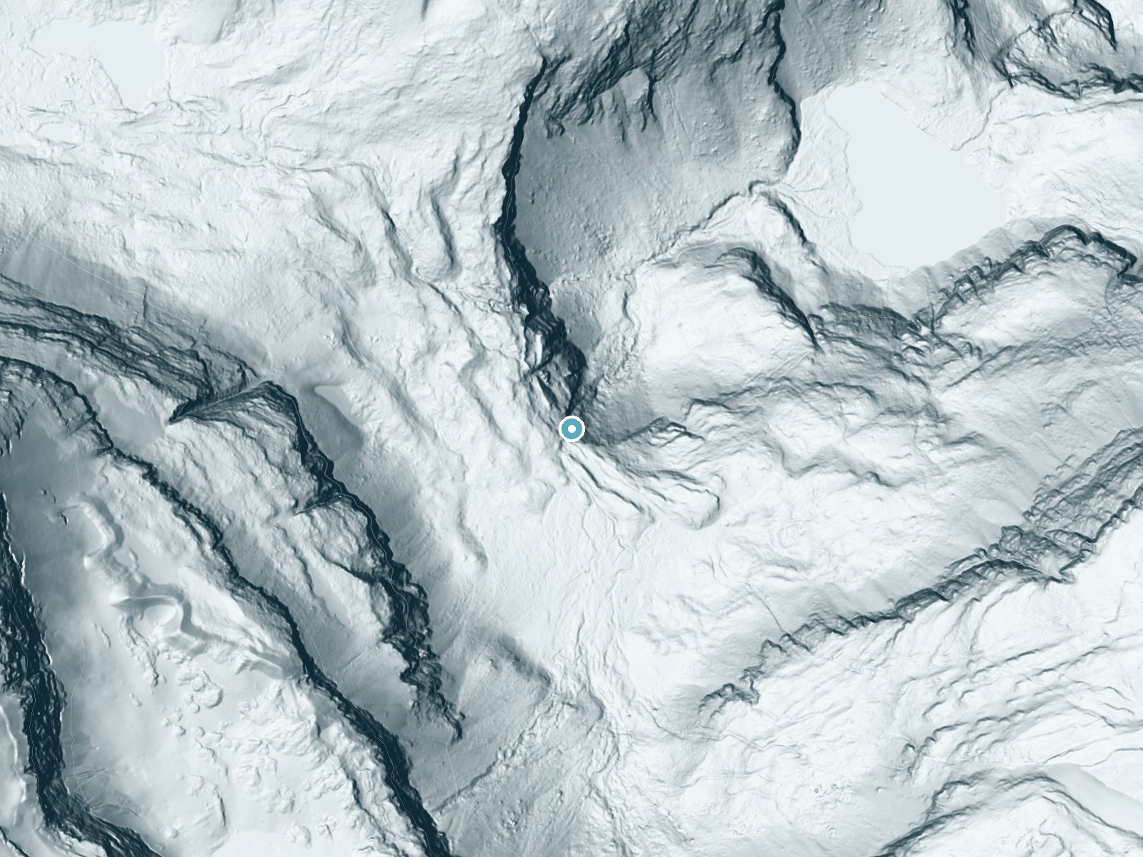 LiDAR bare-earth terrain around Paiota Falls near Babb, Montana, showing about 310 feet of drop, a steep tiered drop, facing northeast