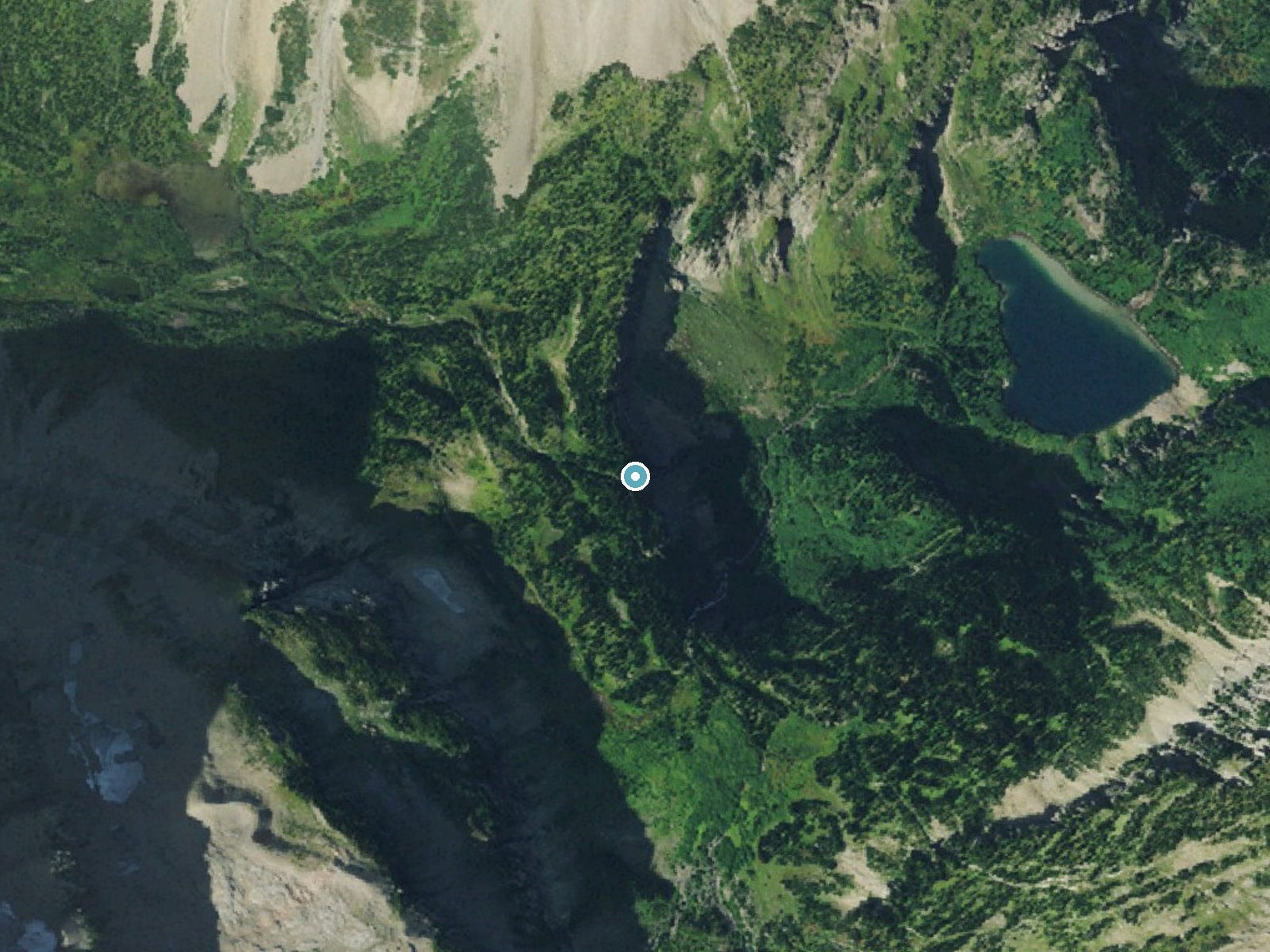 Aerial photo of the same ground around Atsina Falls near Babb, Montana, for comparison with the lidar view