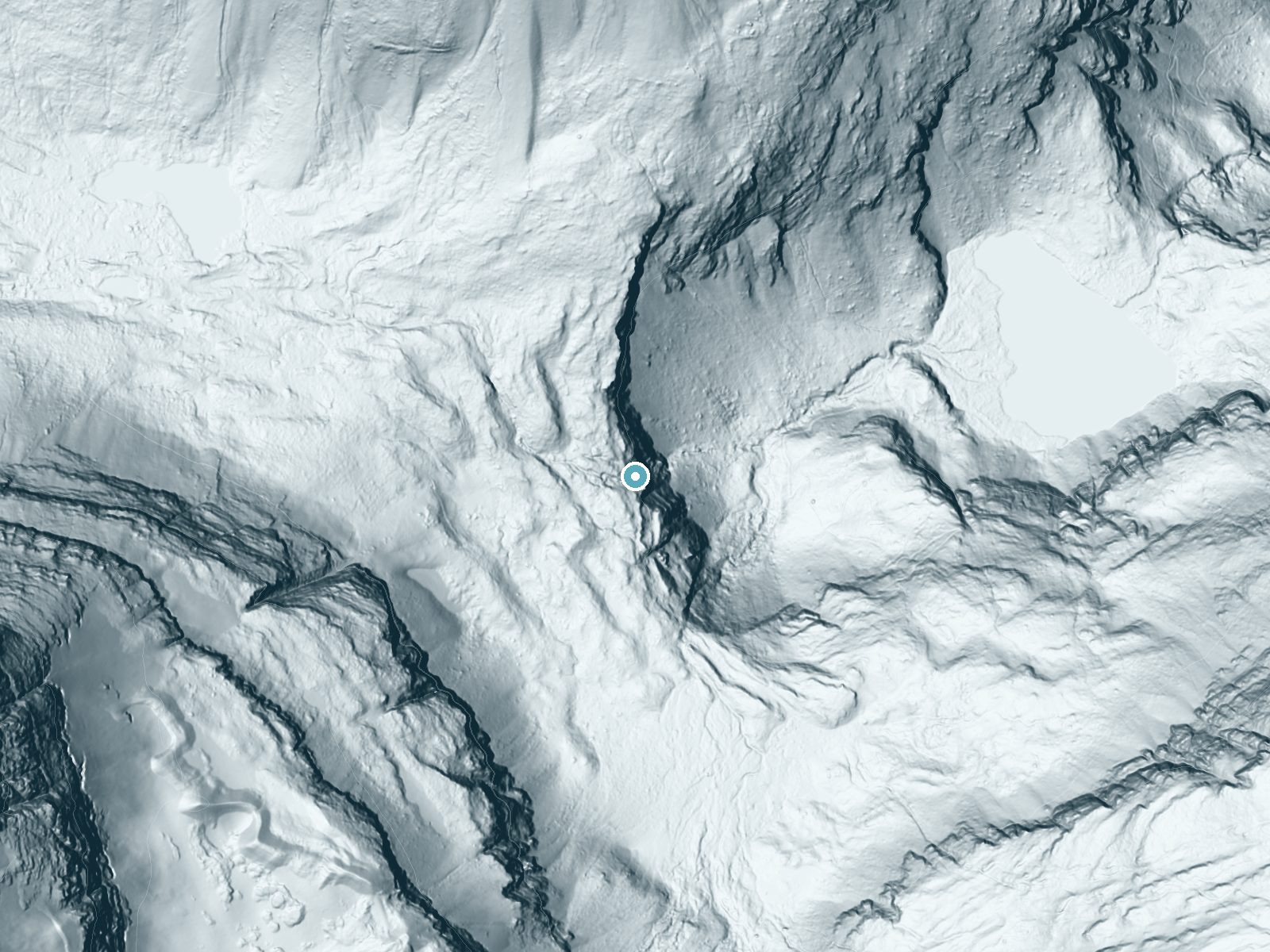 LiDAR bare-earth terrain around Atsina Falls near Babb, Montana, showing about 397 feet of drop, a single sheer drop, facing east