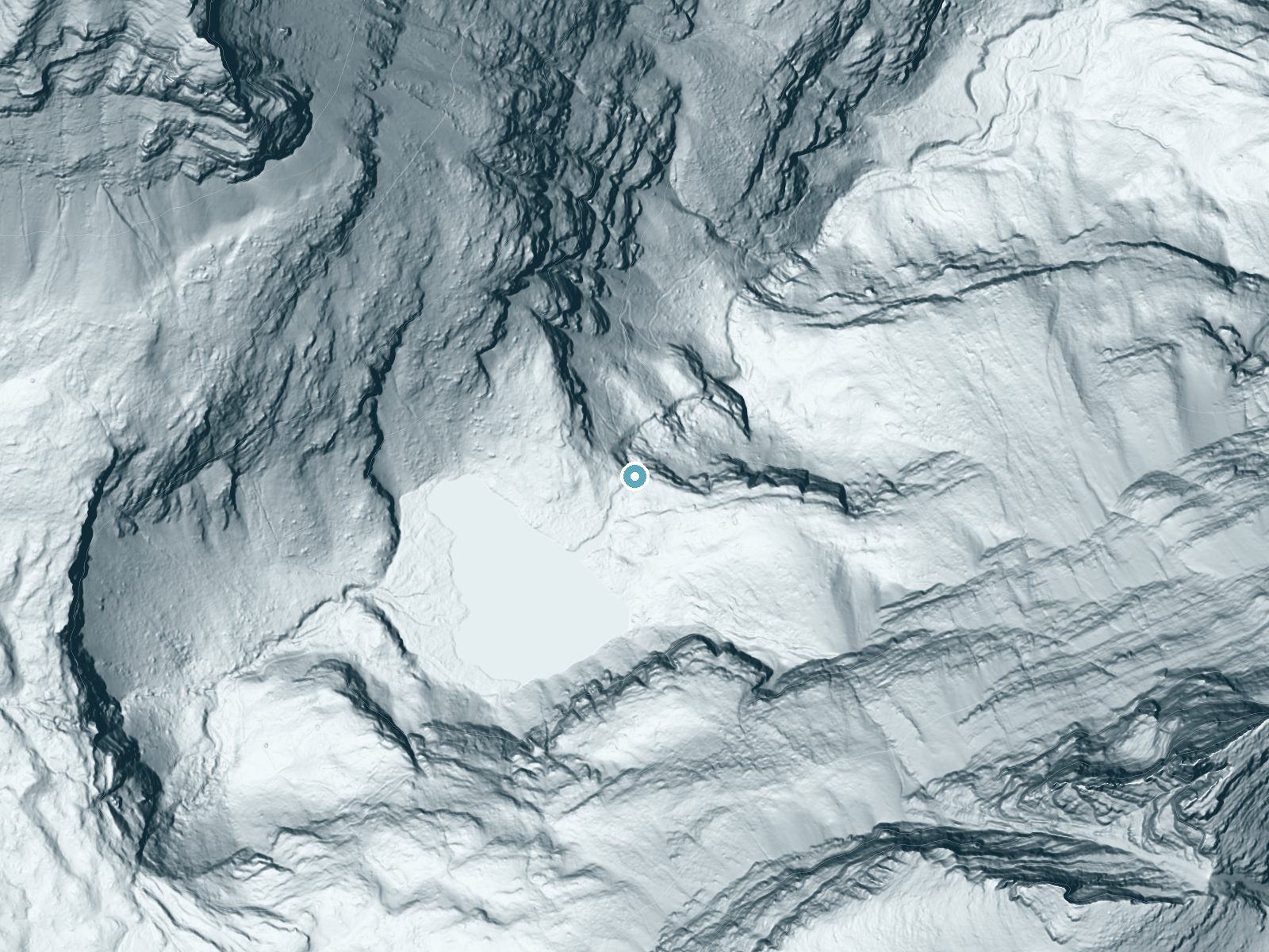 LiDAR bare-earth terrain around Mokowanis Cascade near Babb, Montana, showing about 194 feet of drop, a steep tiered drop, facing northeast