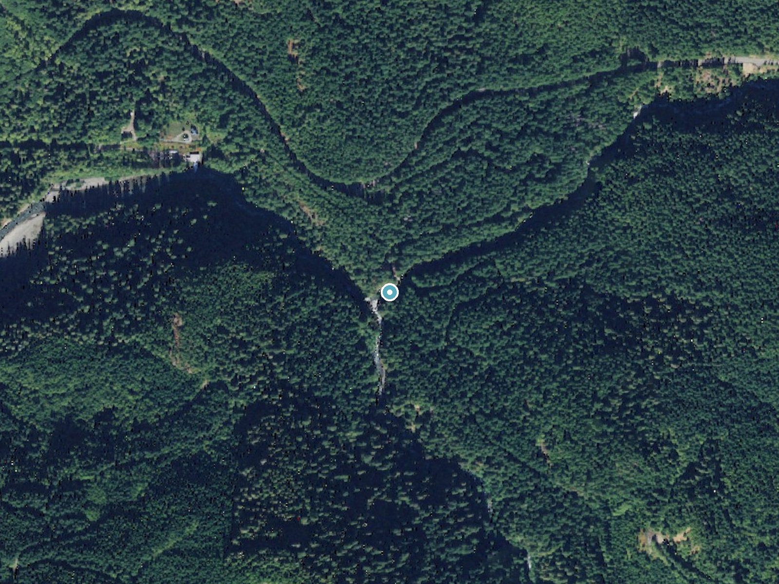 Aerial photo of the same ground around Nooksack Falls near Glacier, Washington, for comparison with the lidar view
