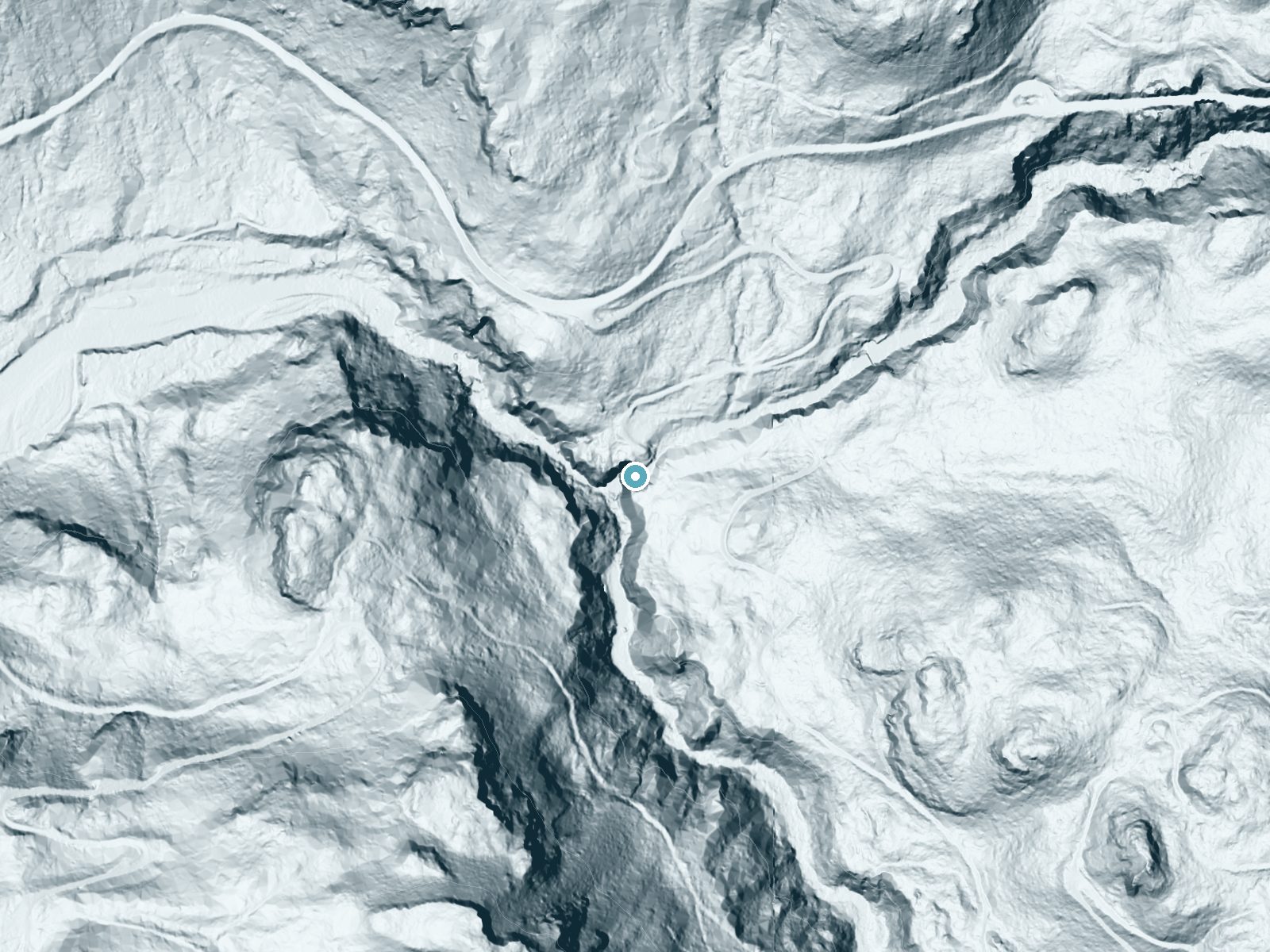LiDAR bare-earth terrain around Nooksack Falls near Glacier, Washington, showing about 170 feet of drop, a single sheer drop, facing southwest