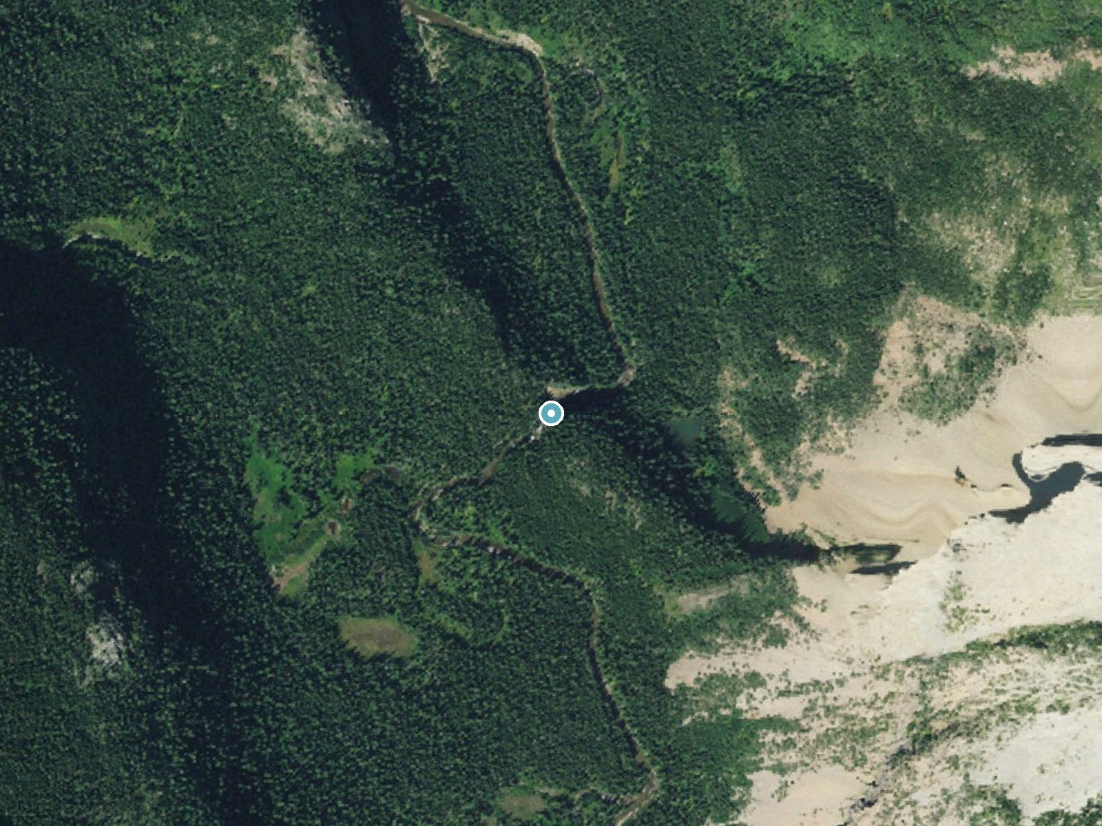 Aerial photo of the same ground around Dawn Mist Falls near Babb, Montana, for comparison with the lidar view