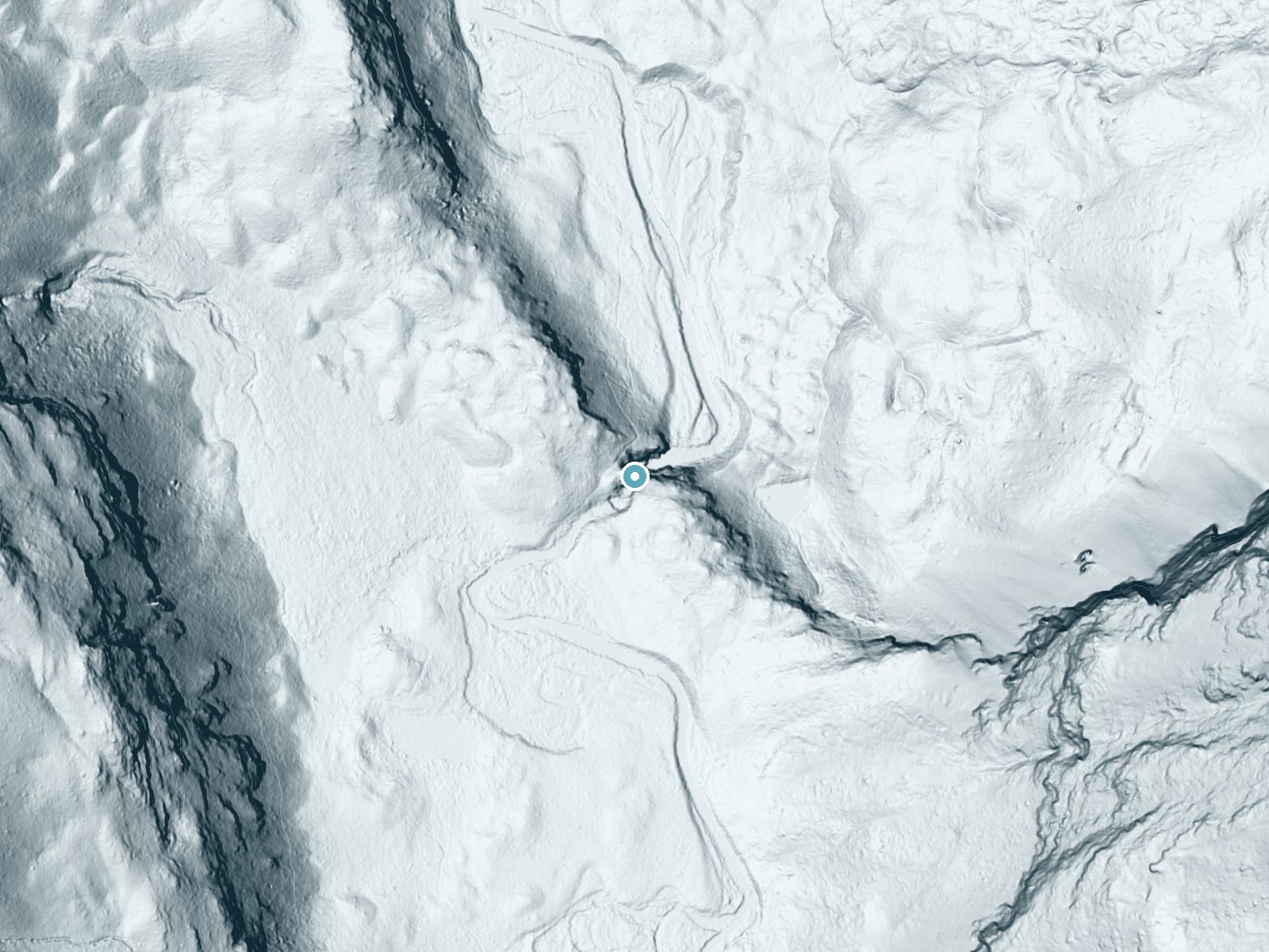 LiDAR bare-earth terrain around Dawn Mist Falls near Babb, Montana, showing about 184 feet of drop, a steep tiered drop, facing northeast