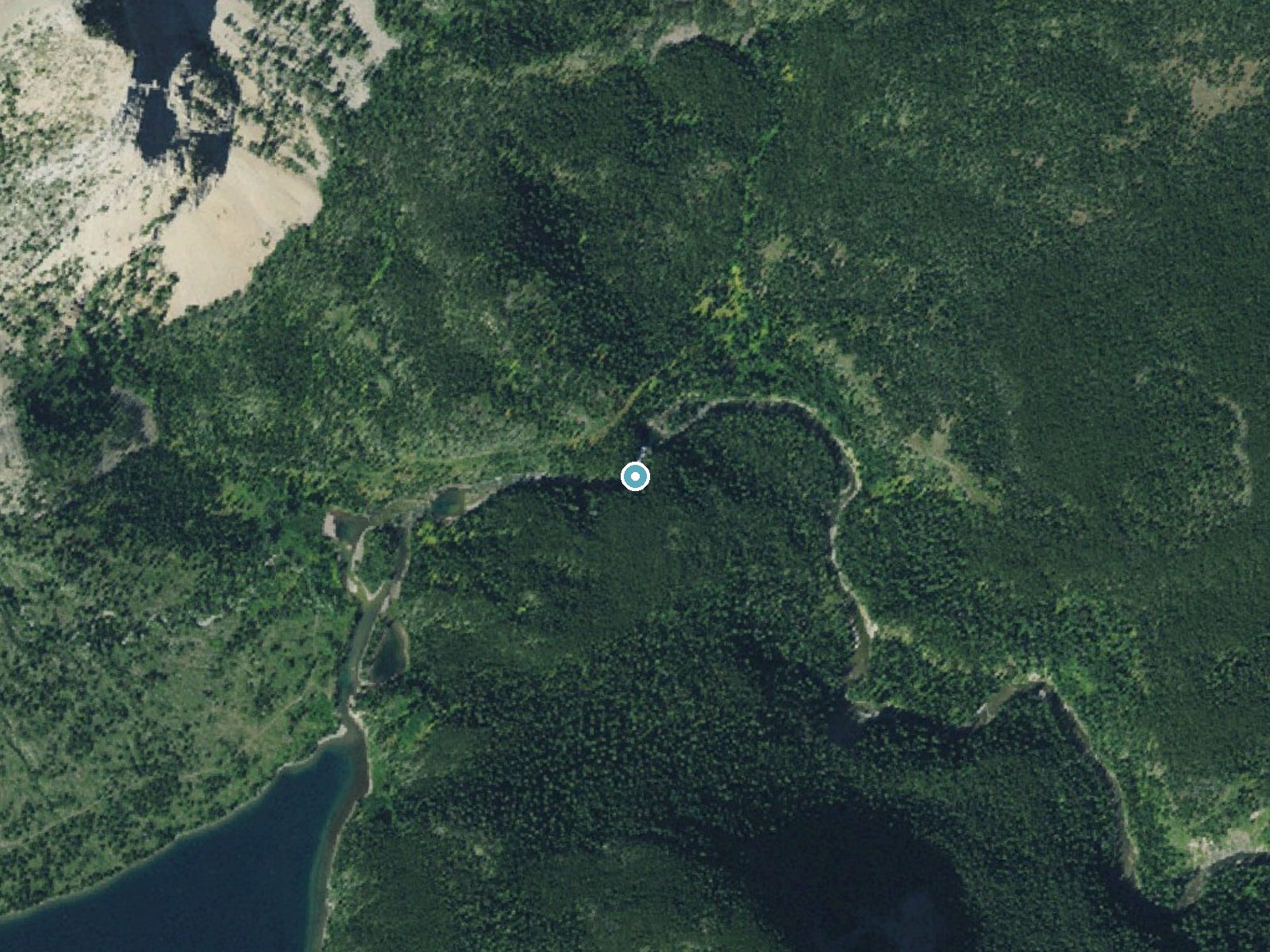Aerial photo of the same ground around Gros Ventre Falls near Babb, Montana, for comparison with the lidar view