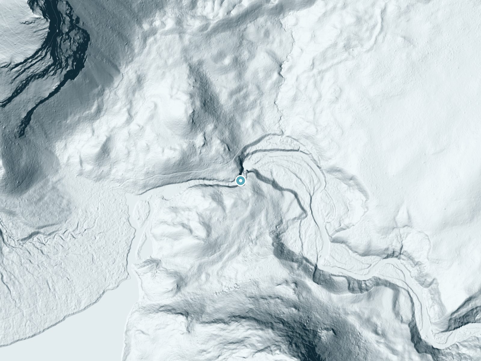 LiDAR bare-earth terrain around Gros Ventre Falls near Babb, Montana, showing about 135 feet of drop, a steep tiered drop, facing northeast