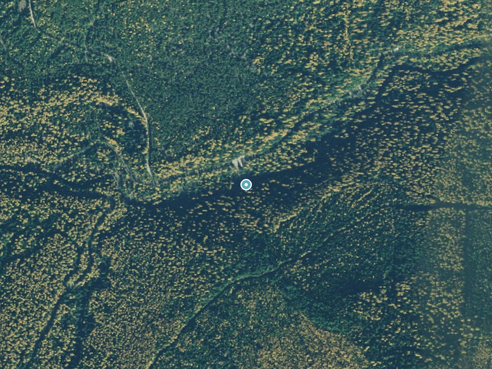Aerial photo of the same ground around Upper Falls near Yaak, Montana, for comparison with the lidar view