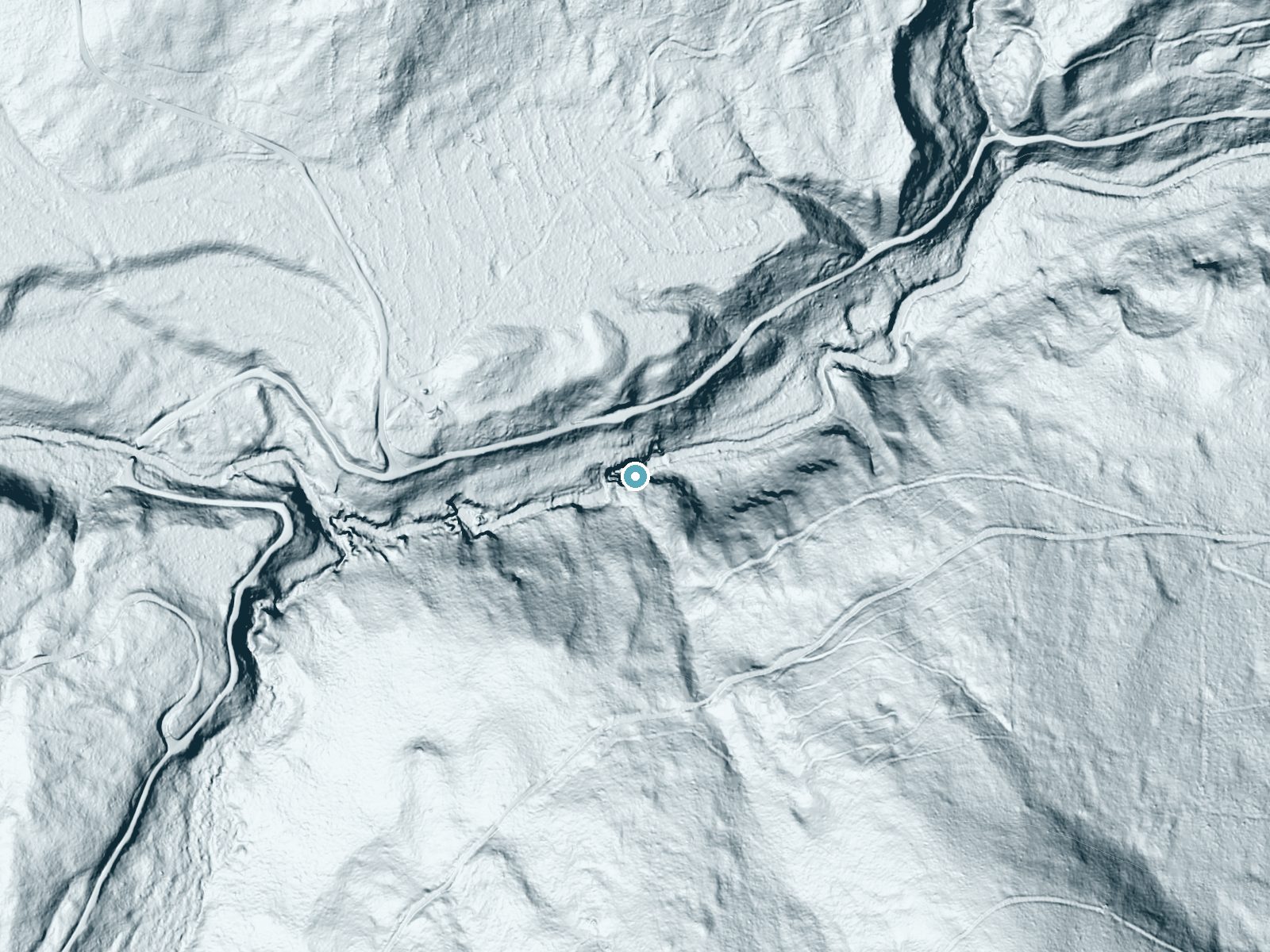 LiDAR bare-earth terrain around Upper Falls near Yaak, Montana, showing about 120 feet of drop, a steep tiered drop, facing north